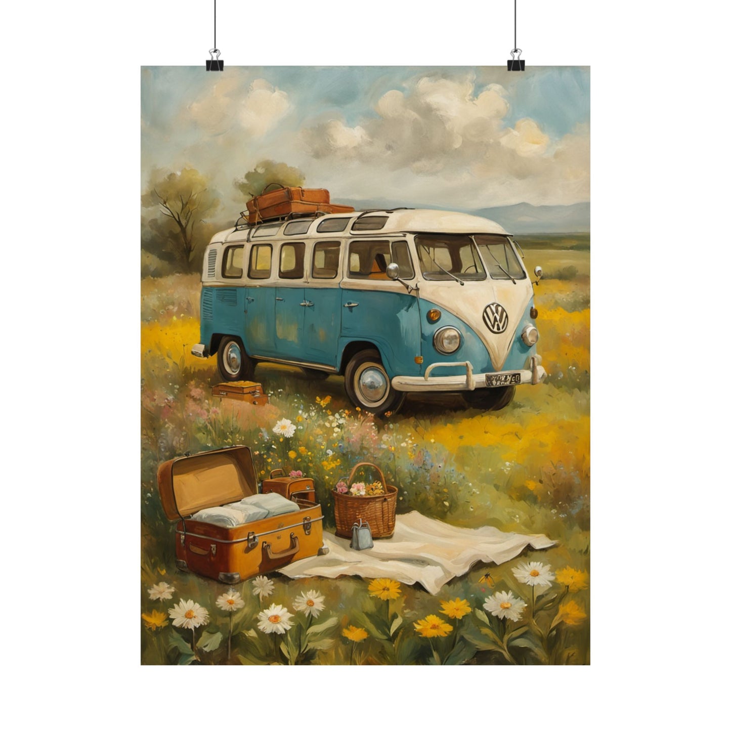 Nostalgic Van Matte Vertical Posters featuring a vintage VW van in a colorful landscape with picnic setup