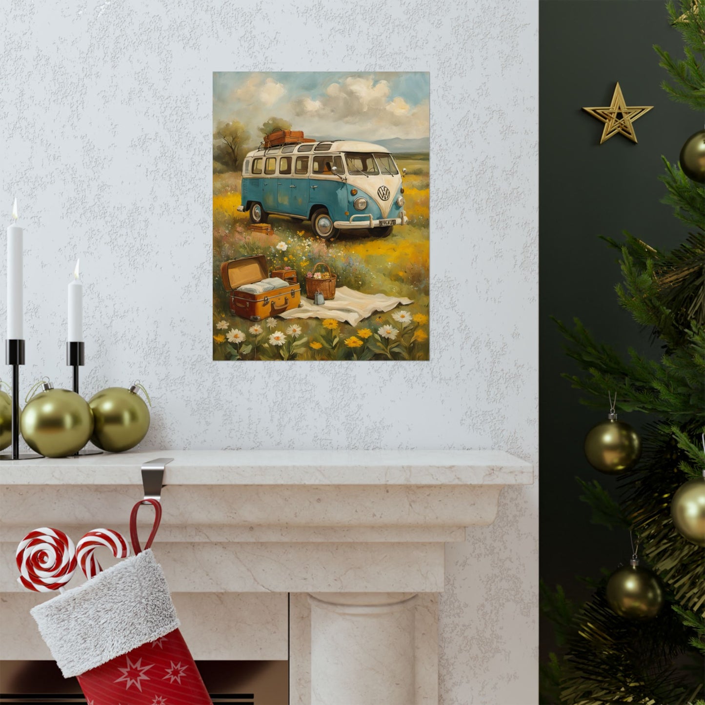 Nostalgic Van Matte Vertical Posters featuring a vintage van in a scenic flower field