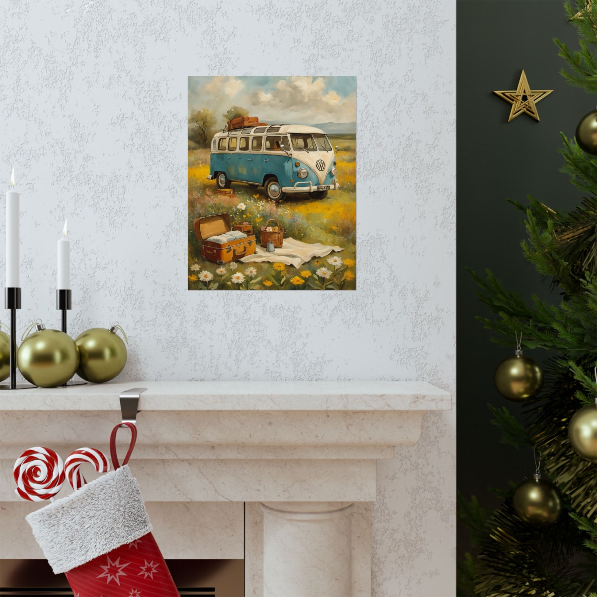 Nostalgic Van Matte Vertical Posters featuring a vintage blue camper van in a scenic field