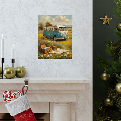 Nostalgic Van Matte Vertical Posters featuring a vintage blue camper van in a scenic field