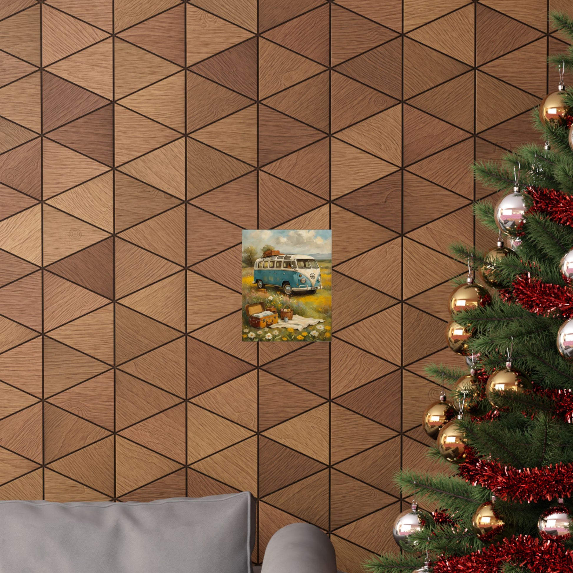 Nostalgic Van Matte Vertical Posters displayed on a geometric wood-patterned wall with a Christmas tree