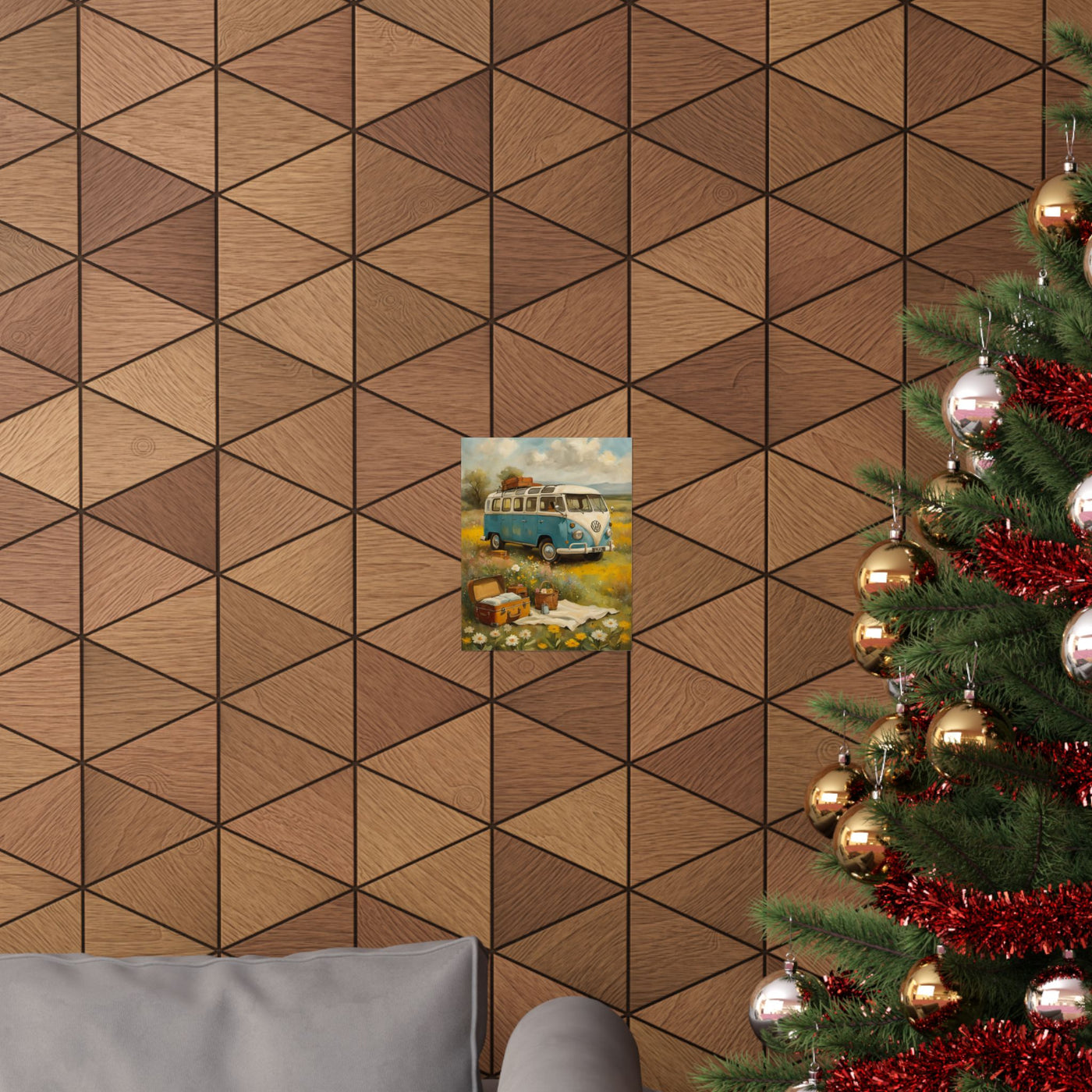 Nostalgic Van Matte Vertical Posters displayed on a geometric wood-patterned wall with a Christmas tree