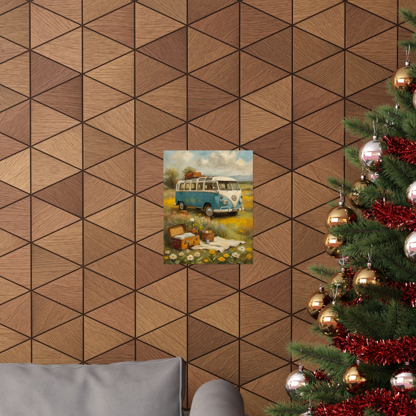 Nostalgic Van Matte Vertical Posters featuring a vintage camper van in a cozy living space