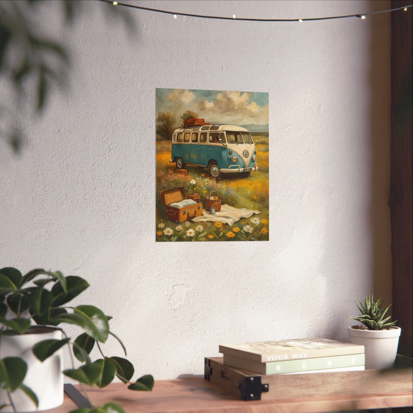 Nostalgic Van Matte Vertical Posters featuring a vintage VW van in a scenic landscape