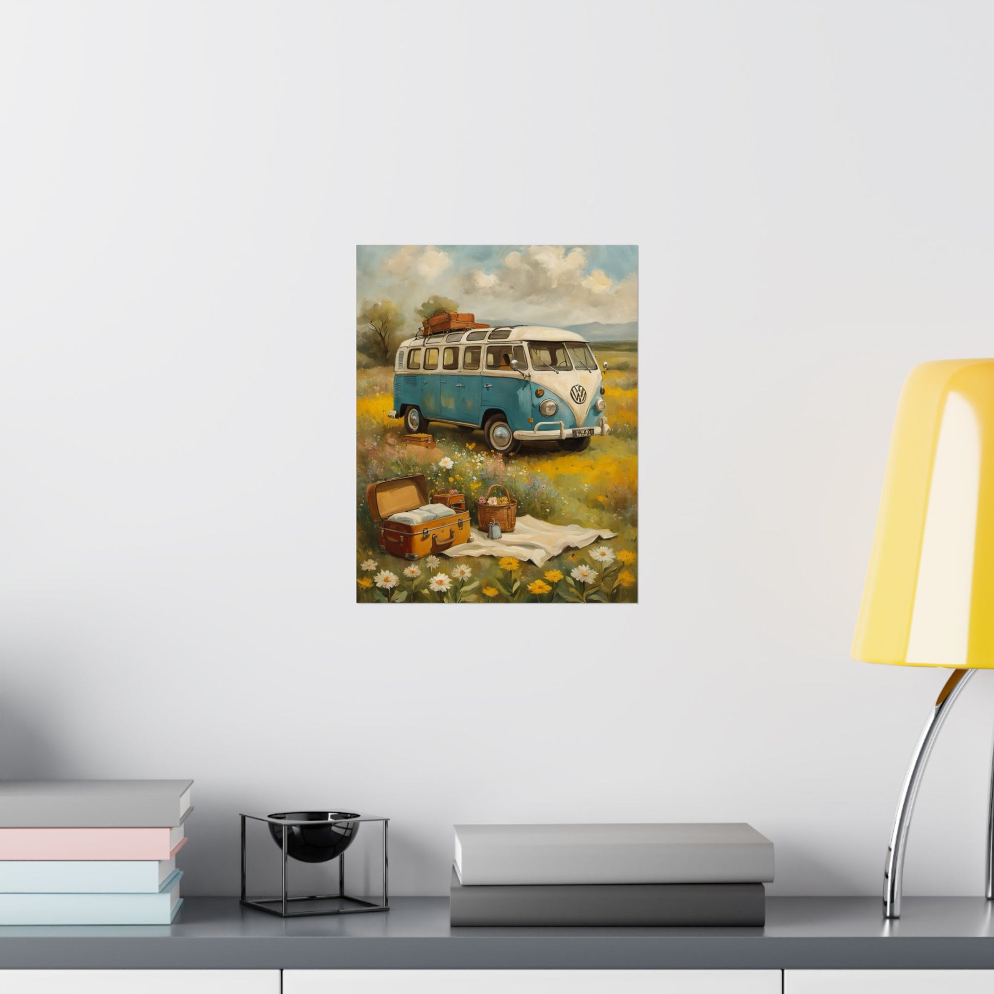Nostalgic Van Matte Vertical Posters featuring a vintage van in a scenic countryside setting