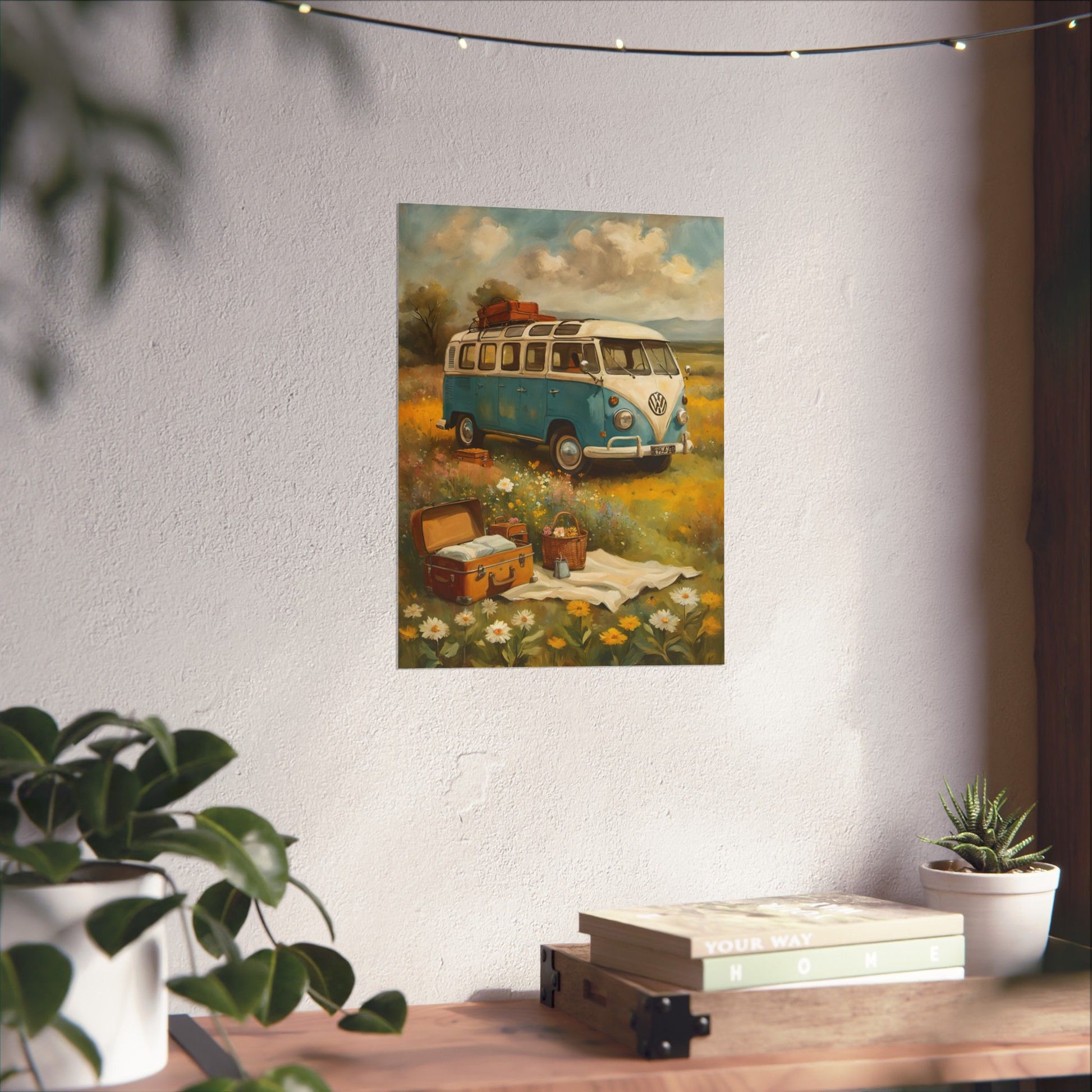 Nostalgic Van Matte Vertical Posters featuring a classic Volkswagen van in a serene meadow