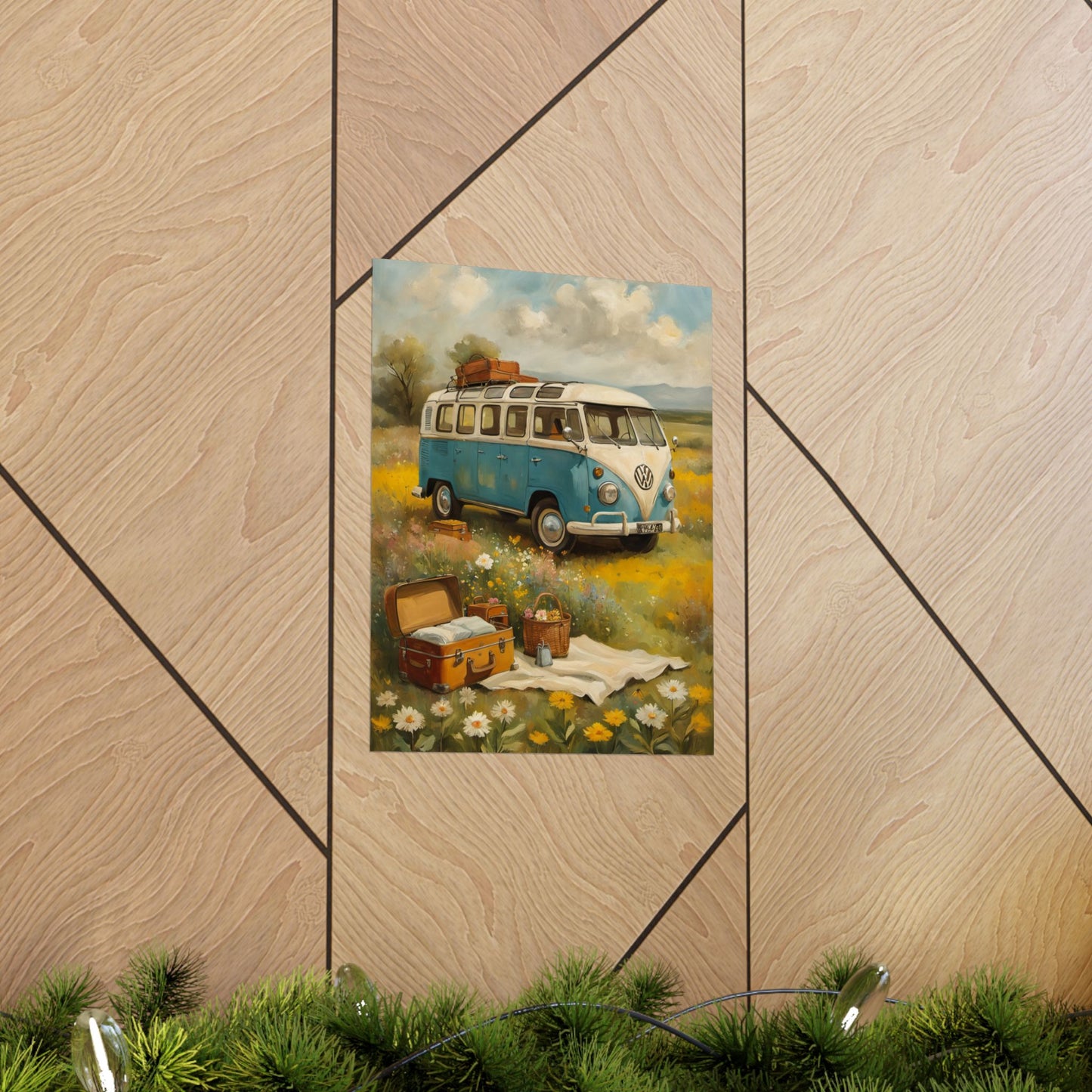 Nostalgic Van Matte Vertical Posters featuring a vintage blue van in a scenic meadow