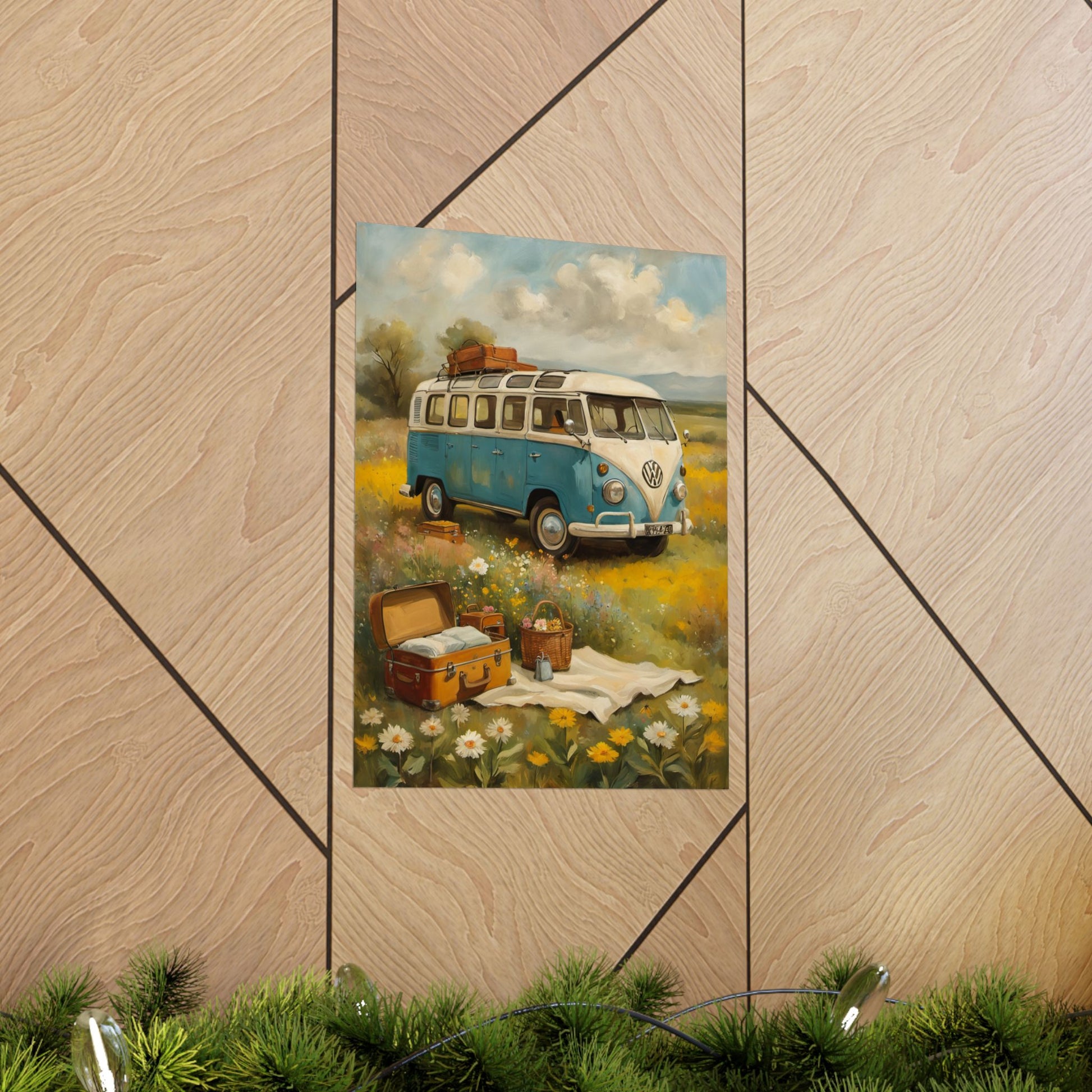 Nostalgic Van Matte Vertical Posters featuring a retro blue van in a scenic meadow