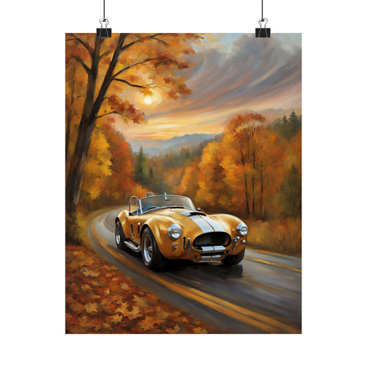 Old American Car Poster featuring a classic yellow sports car driving through an autumn landscape