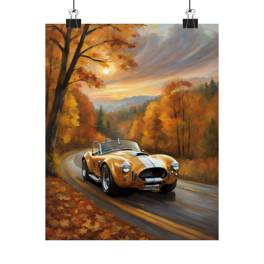 Old American Car Poster featuring a classic yellow sports car in an autumn landscape