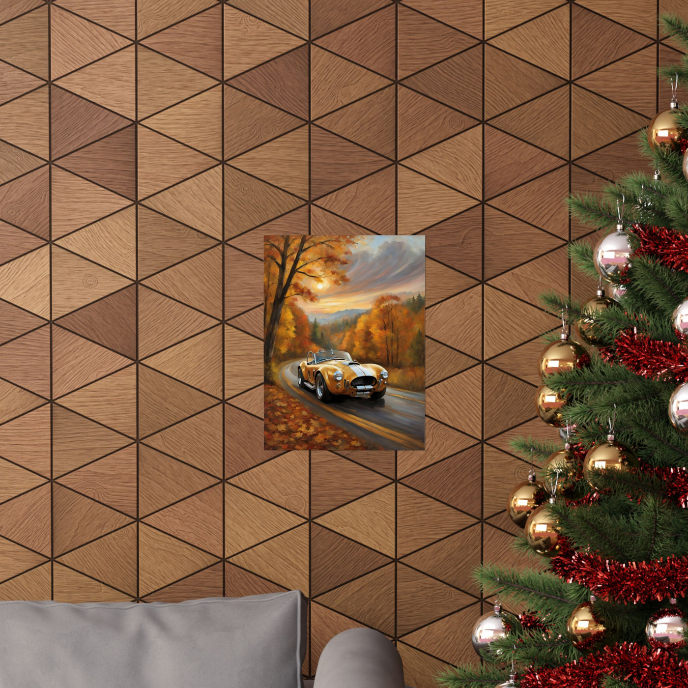 Old American Car Poster displayed on a wall with warm autumn colors and festive Christmas decor