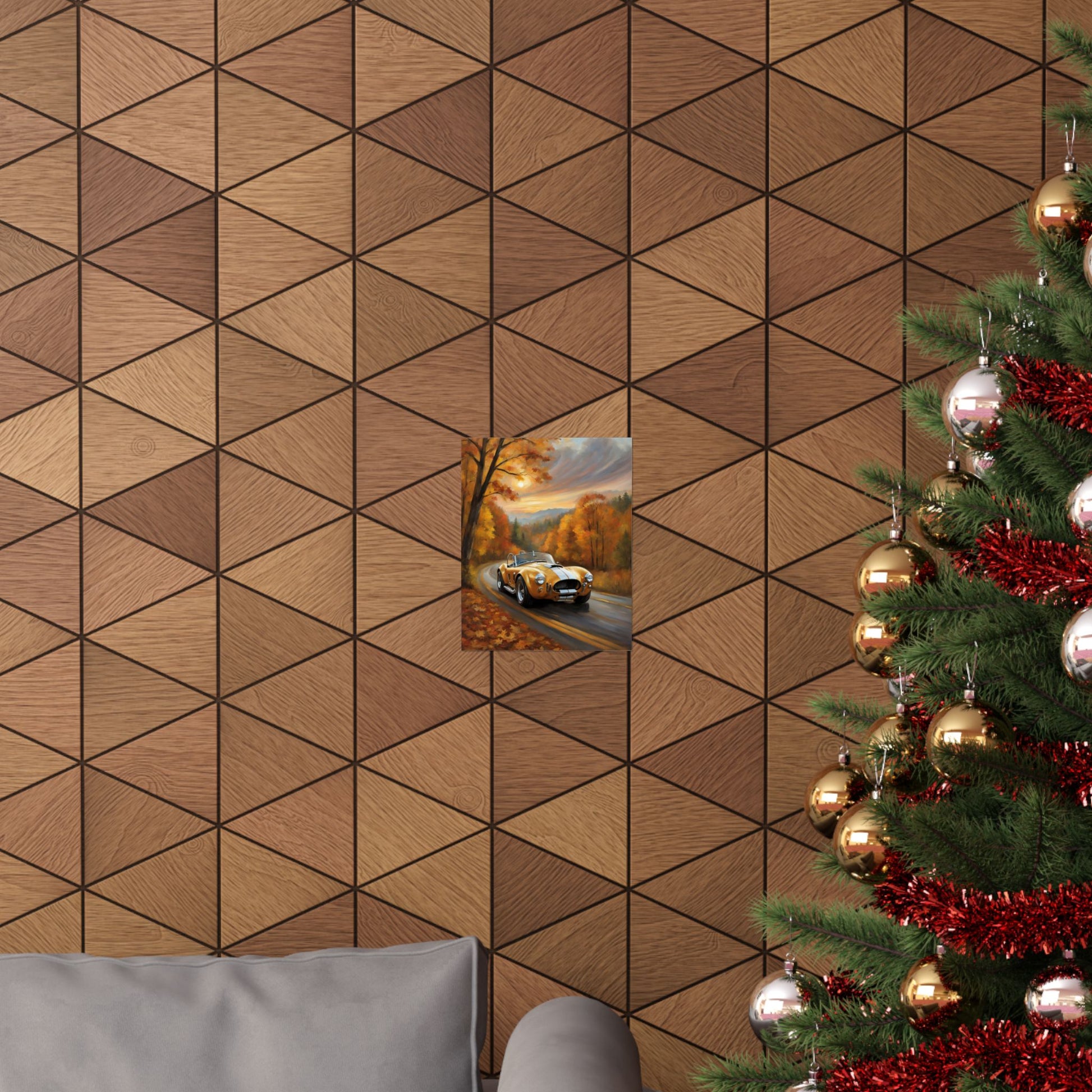 Old American Car Poster displayed on a geometric patterned wall with a Christmas tree
