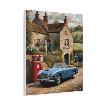 Old Car Canvas Print featuring a classic blue car parked in front of a charming countryside house