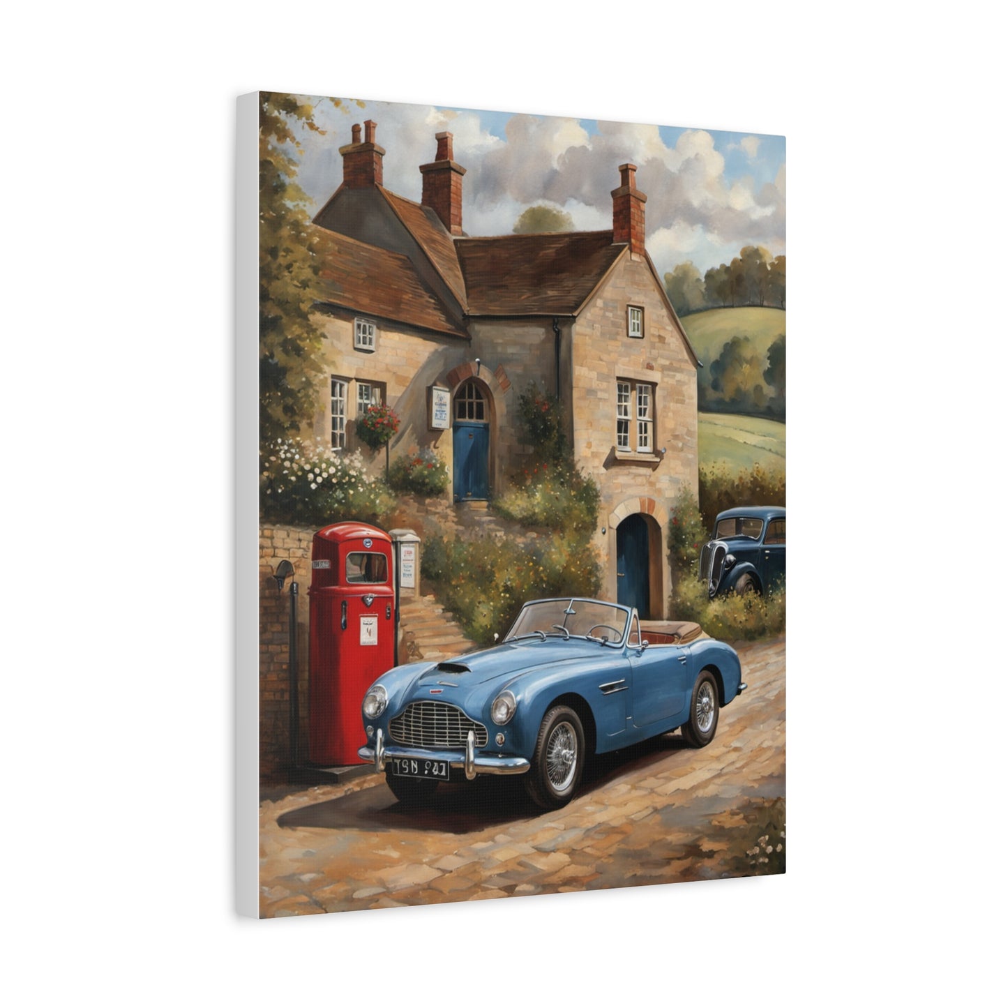 Old Car Canvas Print featuring a vintage blue convertible parked near a quaint house