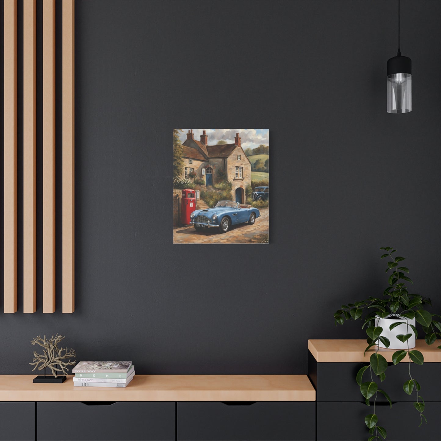 Old Car Canvas Print displayed on a stylish wall with modern decor and plants