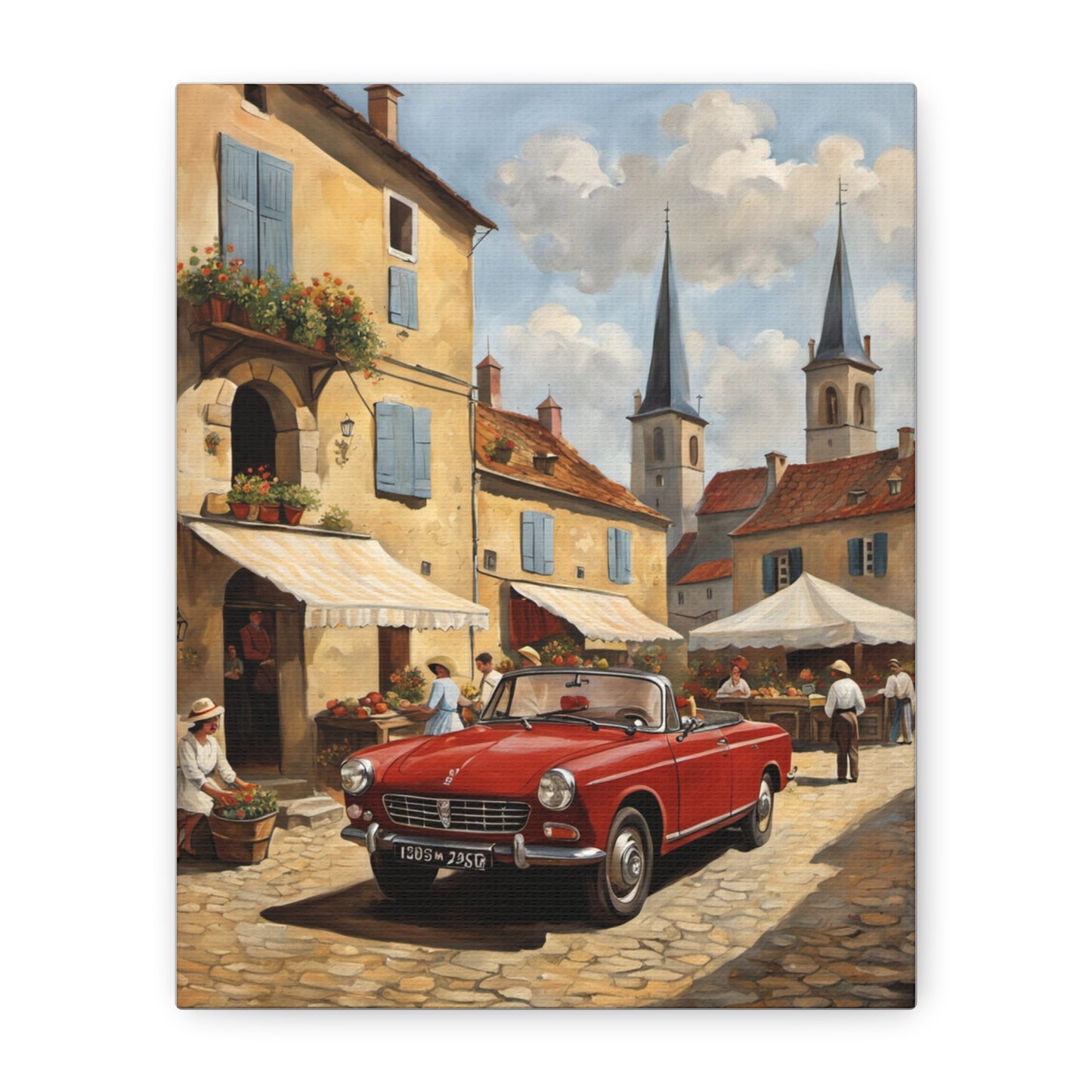 Old Car Canvas Print featuring a vintage red convertible in a charming market street scene