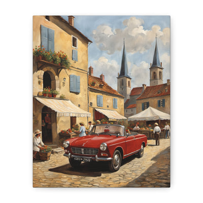 Old Car Canvas Print featuring a vintage red convertible in a charming market street scene
