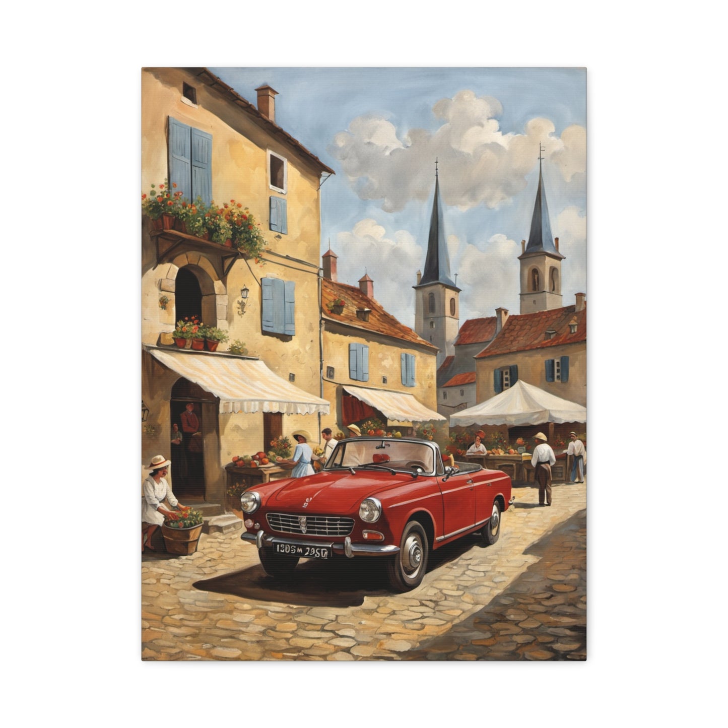 Old Car Canvas Print featuring a vintage red car parked in a charming town square