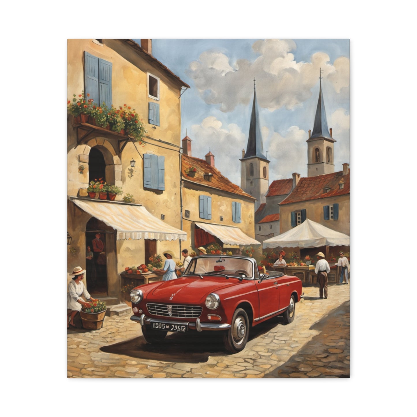 Old Car Canvas Print depicting a vintage red convertible on a charming cobblestone street