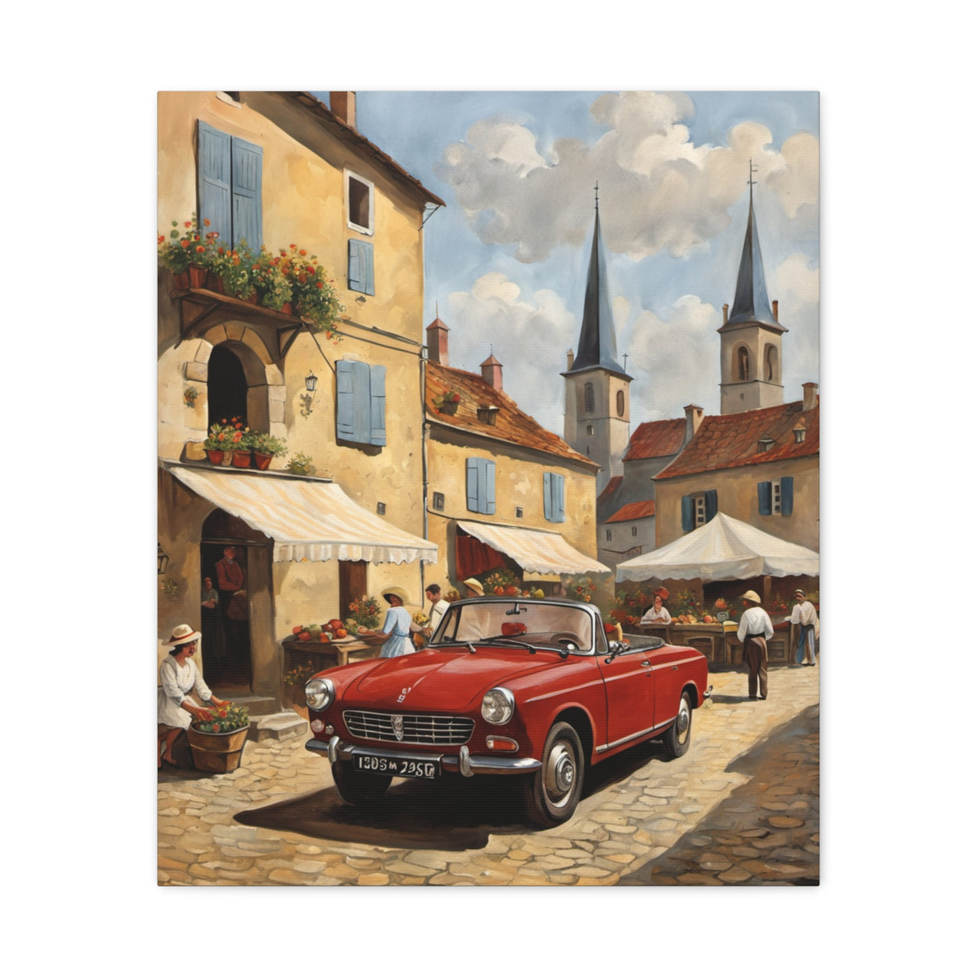 Old Car Canvas Print depicting a vintage red convertible on a charming cobblestone street