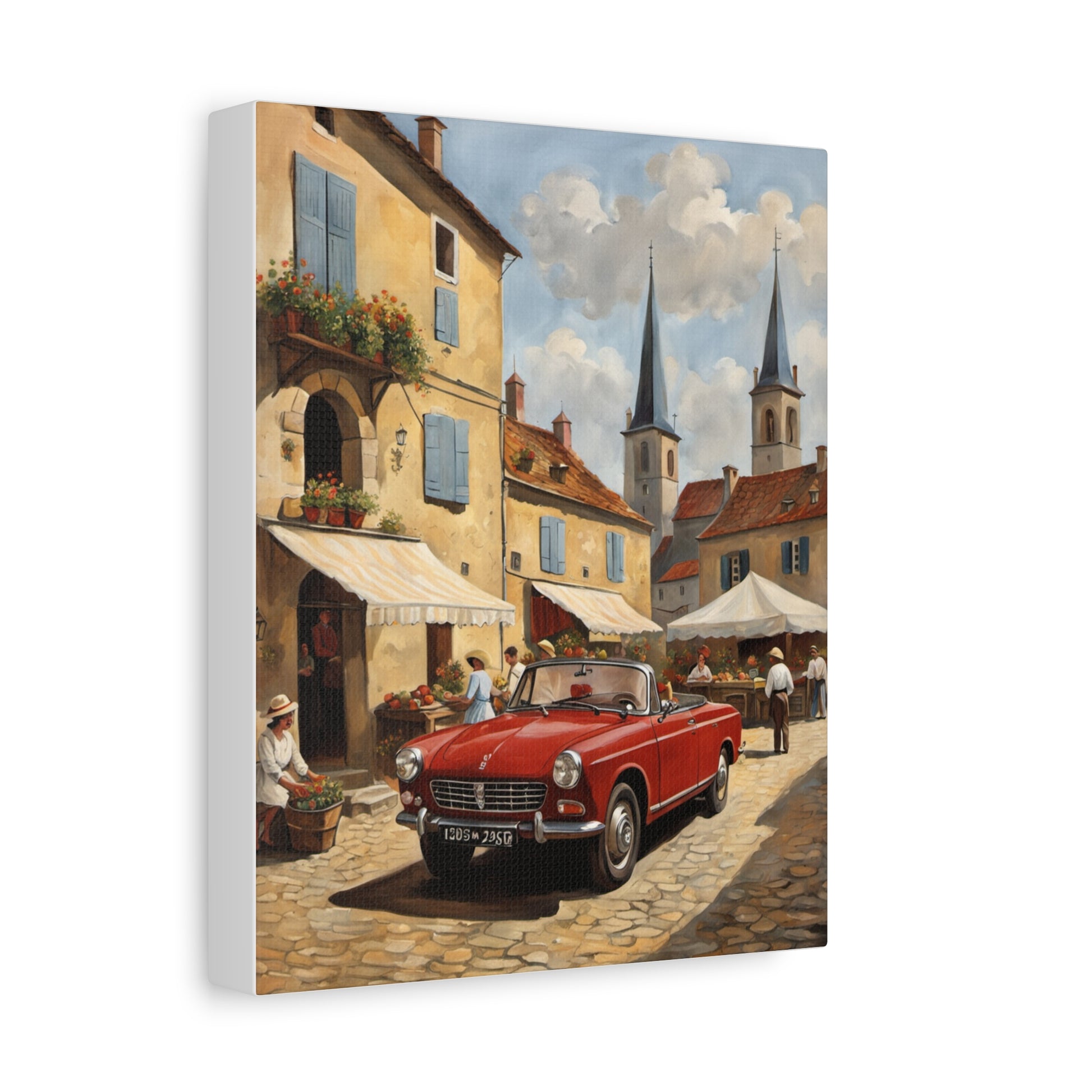 Old Car Canvas Print featuring a red vintage car in a charming village market scene