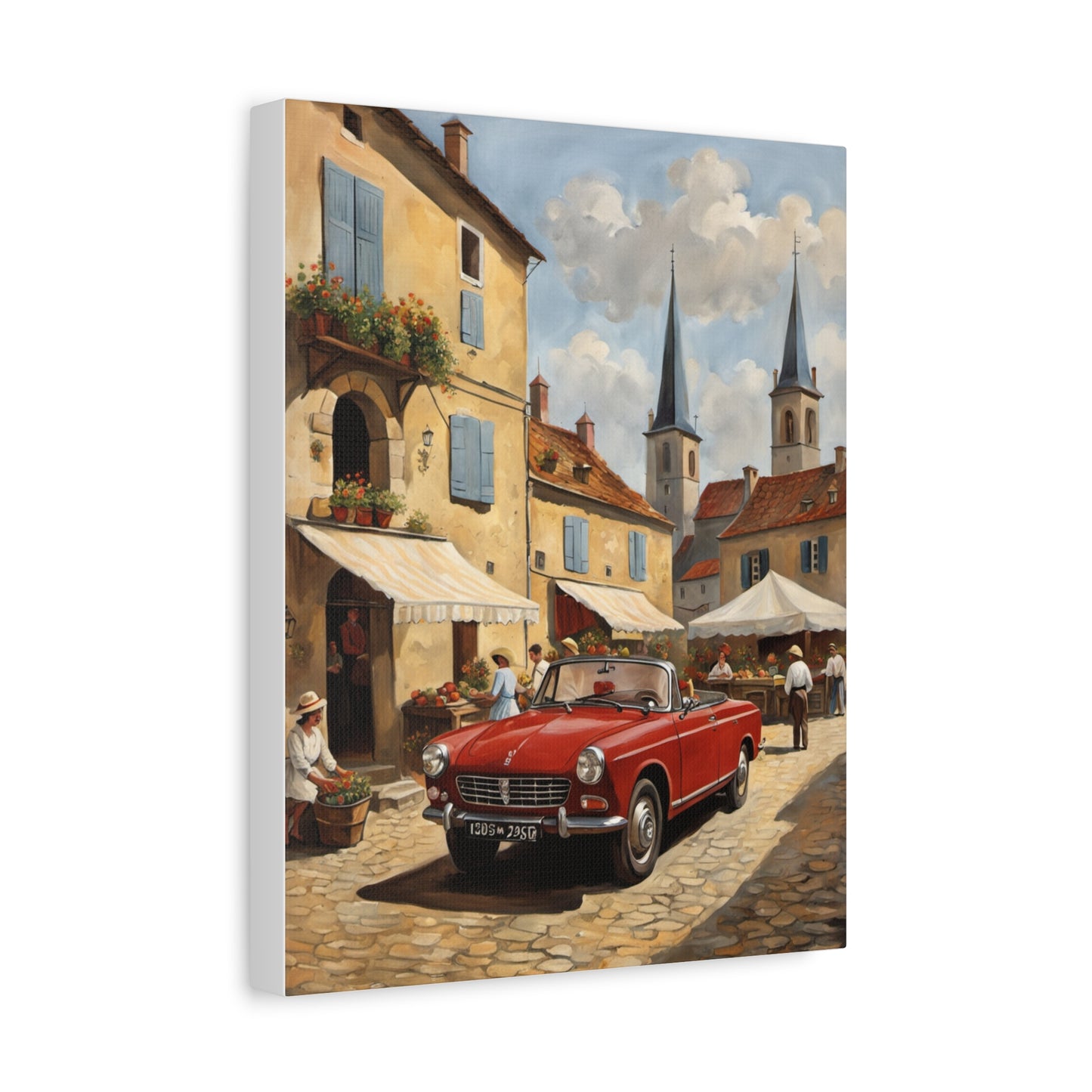 Old Car Canvas Print featuring a red vintage car in a European village scene