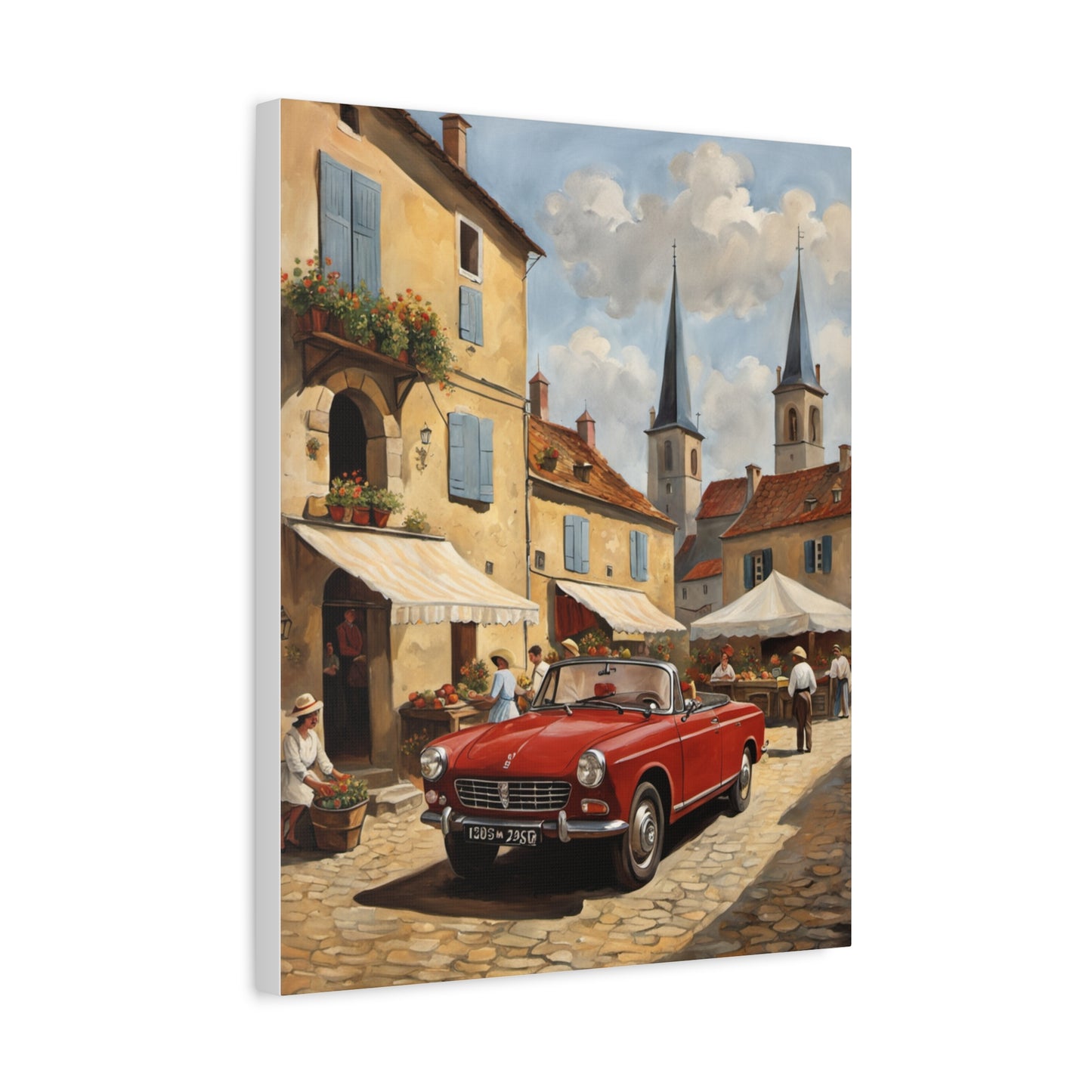 Old Car Canvas Print featuring a vibrant red car in a scenic village market setting