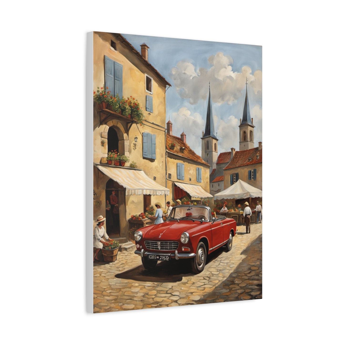 Old Car Canvas Print featuring a vintage red convertible on a charming cobblestone street