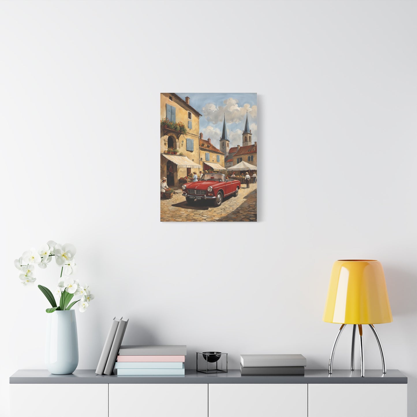 Old Car Canvas Print featuring a classic red car in a charming village setting