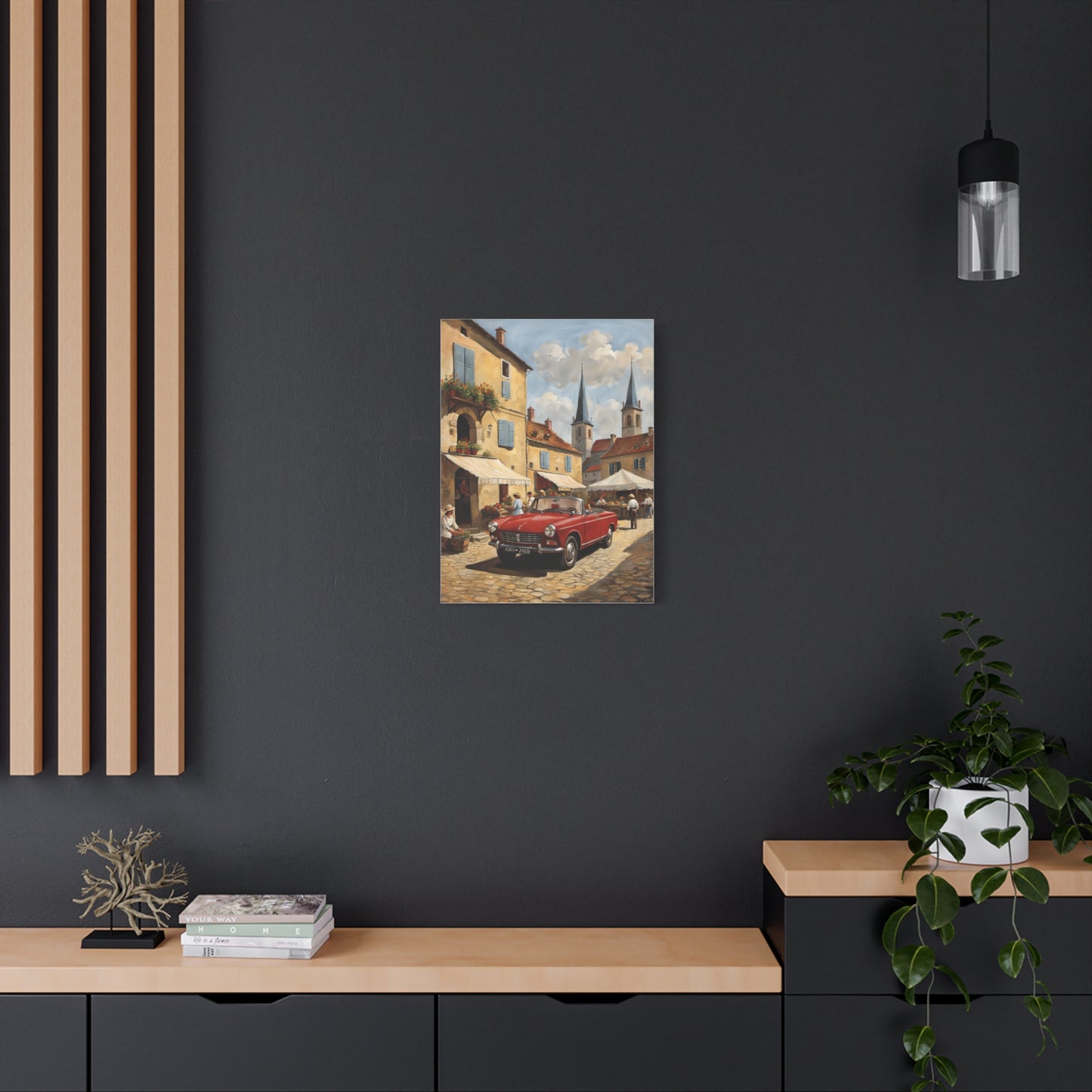 Old Car Canvas Print featuring a vintage red car in a charming street scene