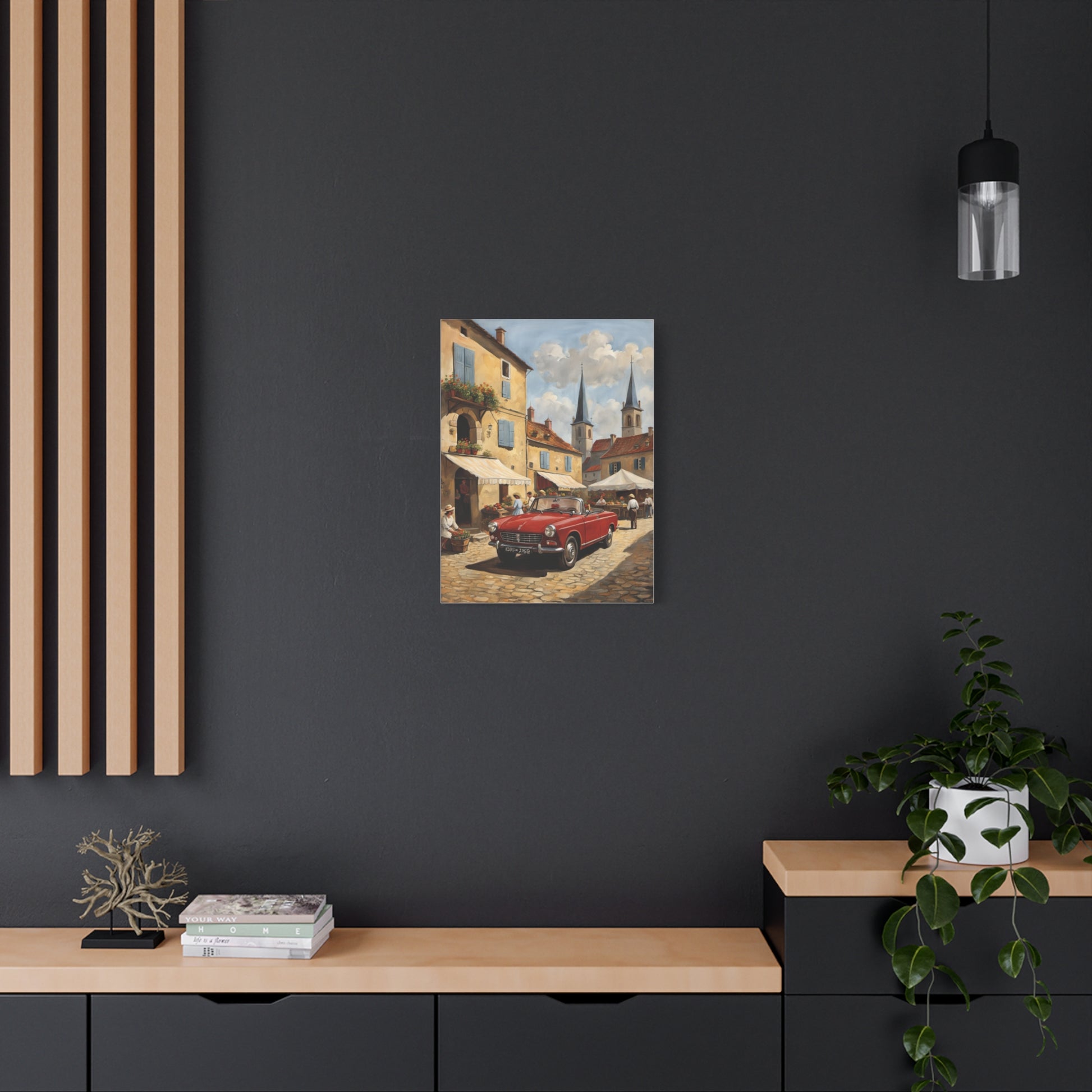 Old Car Canvas Print featuring a vintage red car in a charming street scene