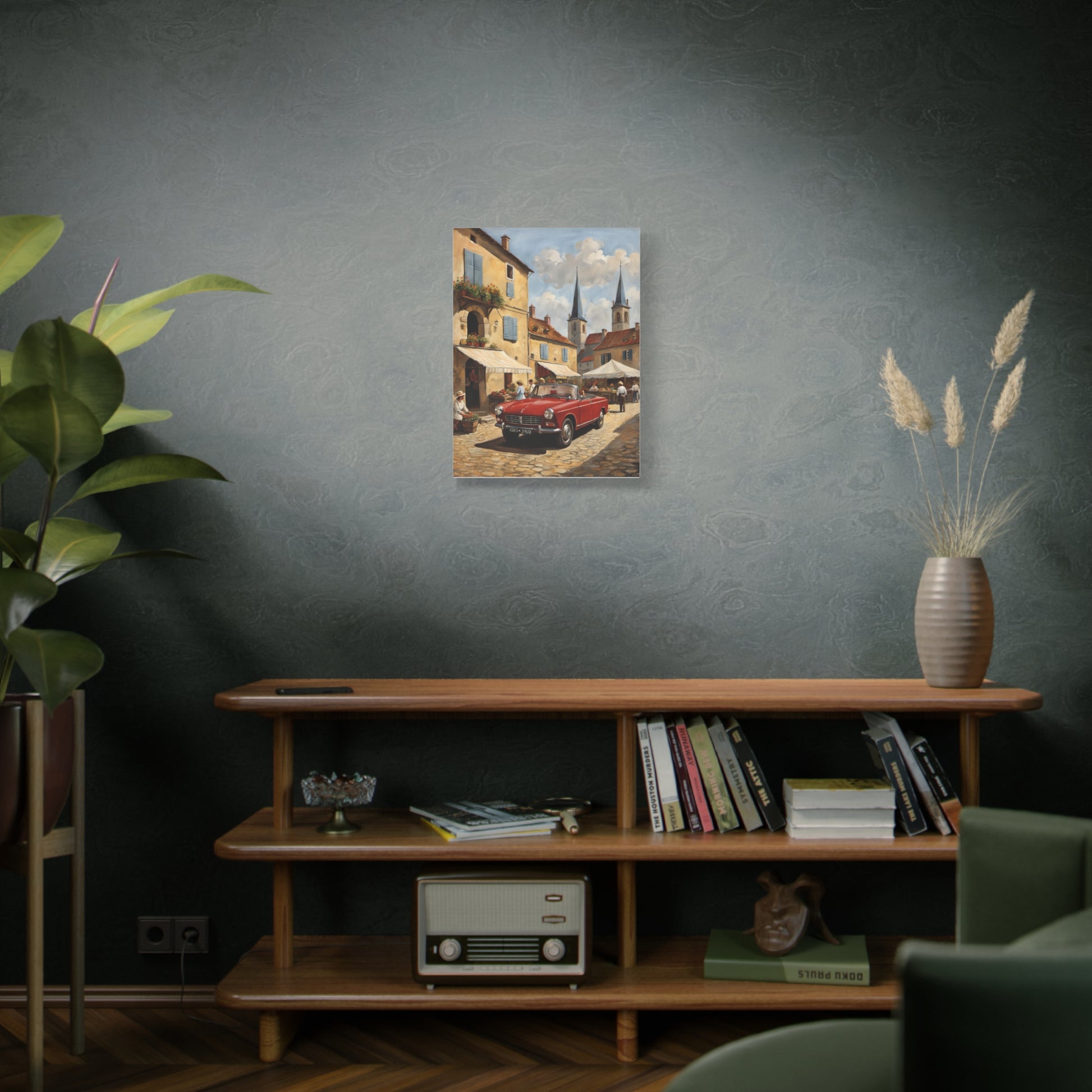 Old Car Canvas Print featuring a classic car in a picturesque street scene
