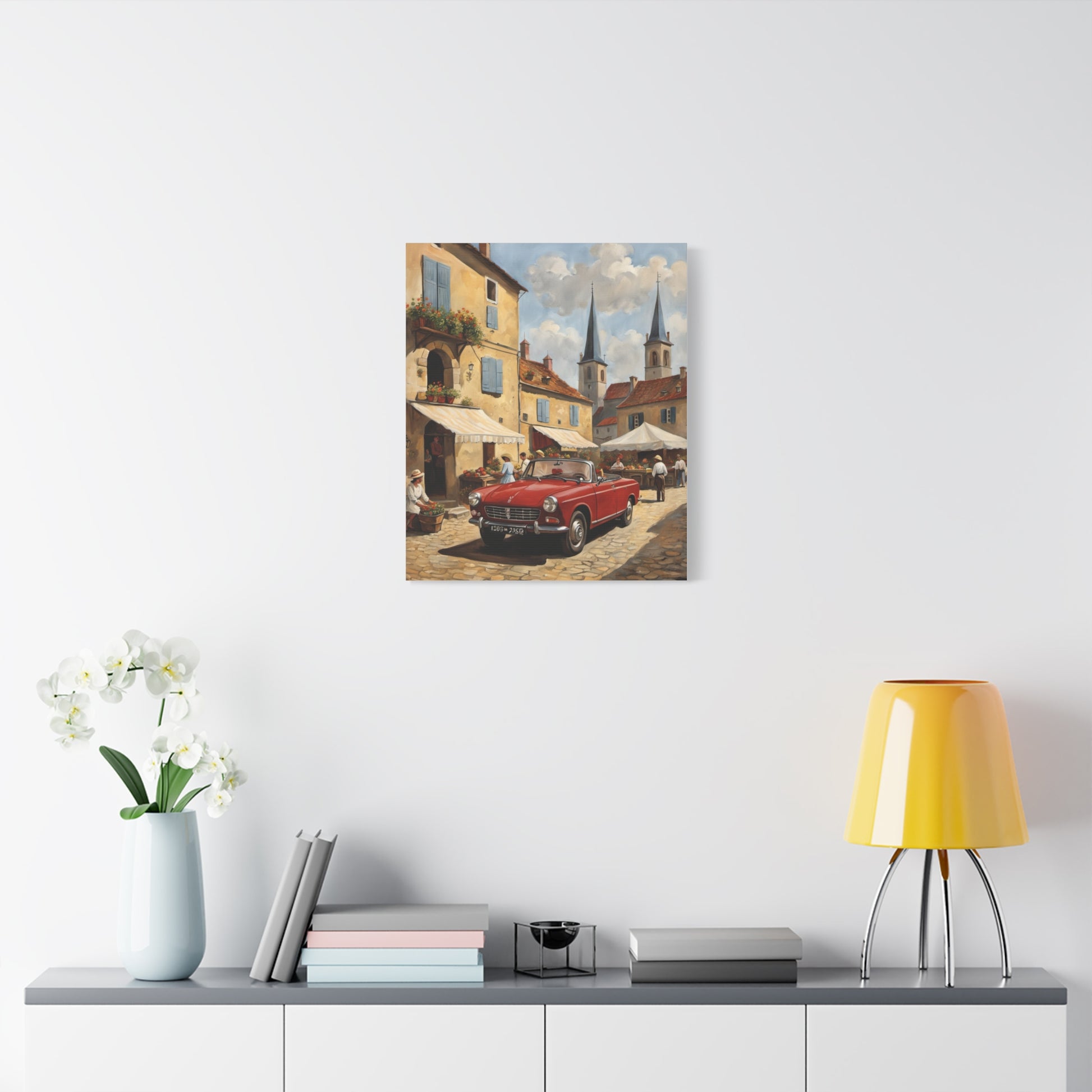 Old Car Canvas Print featuring a classic red car in a charming town setting