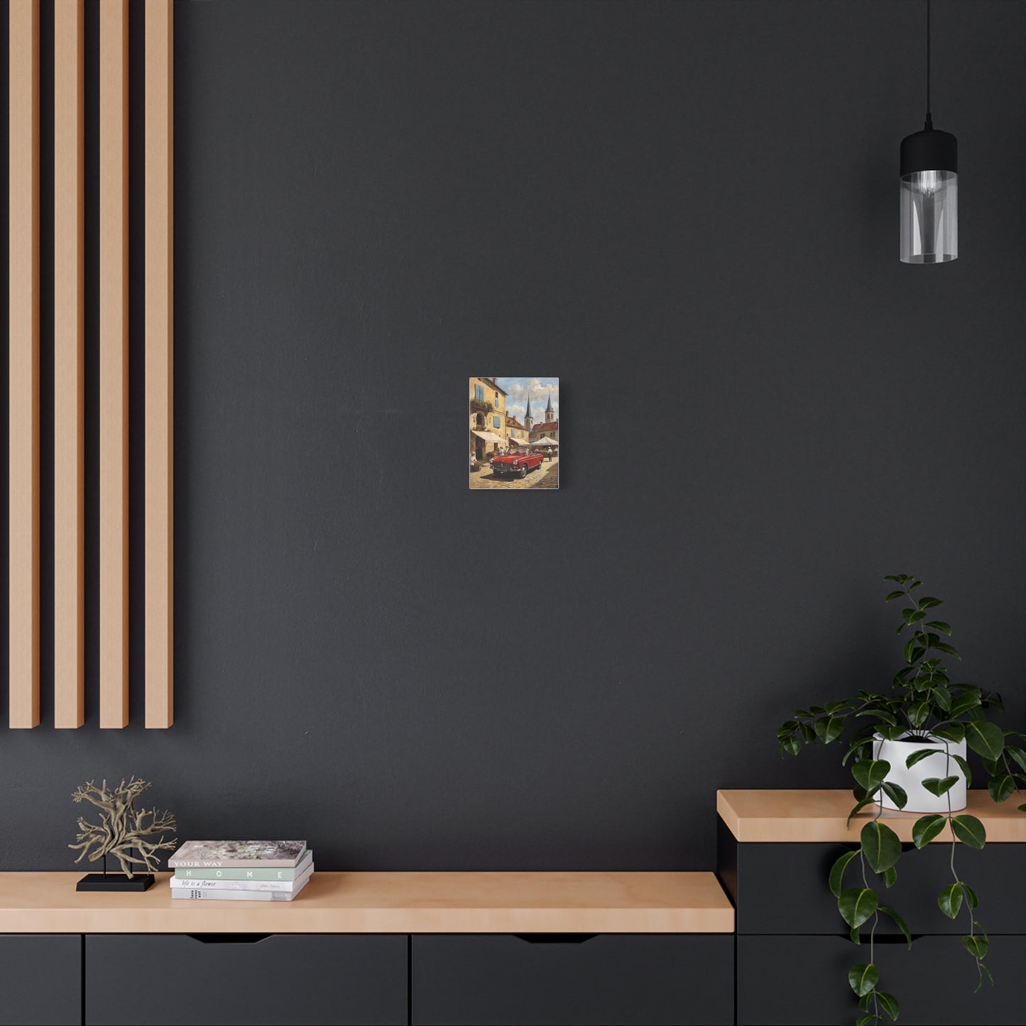 Stylish Old Car Canvas Print displayed on a modern dark wall above a minimalist wooden shelf