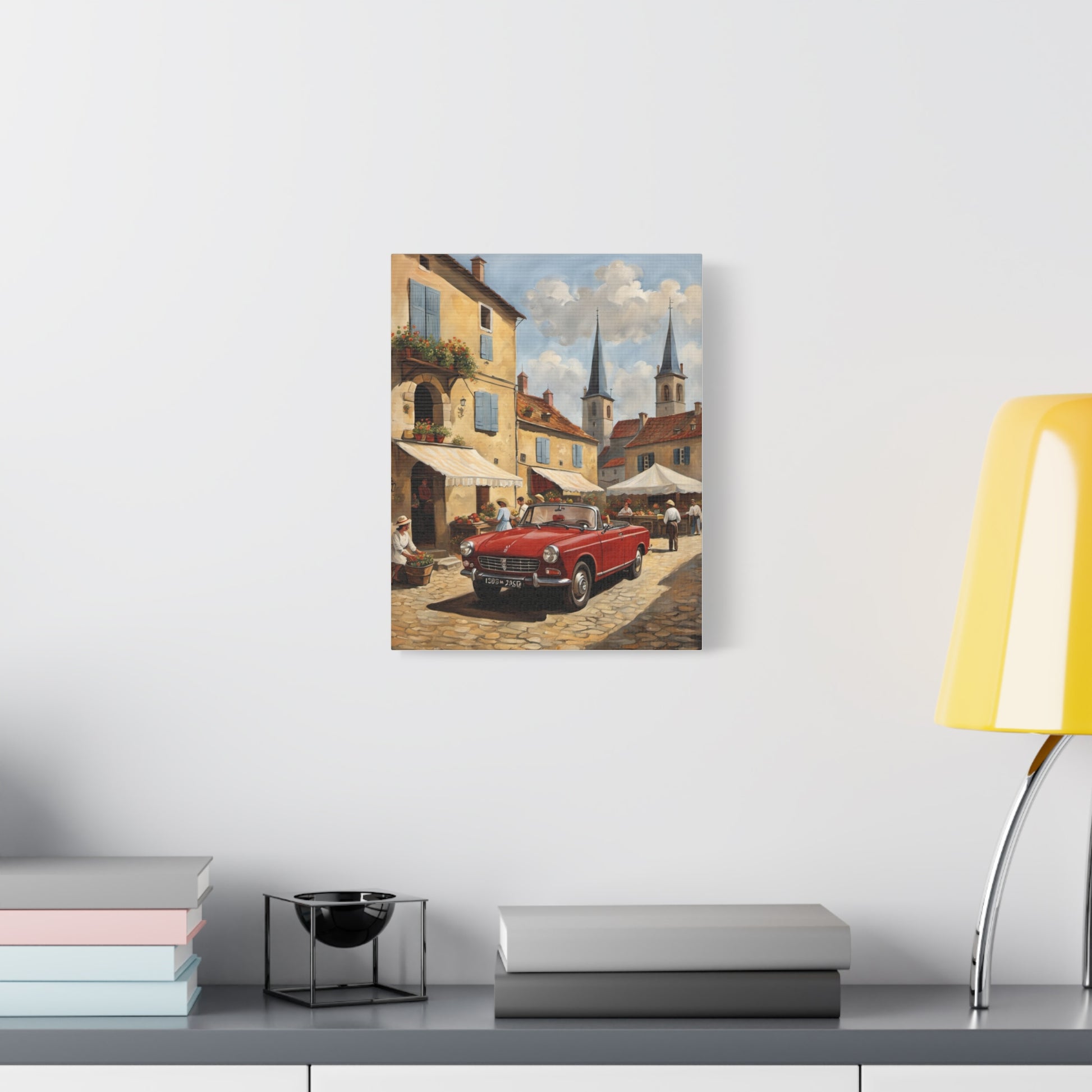 Old Car Canvas Print featuring a vintage red car parked in a charming village setting