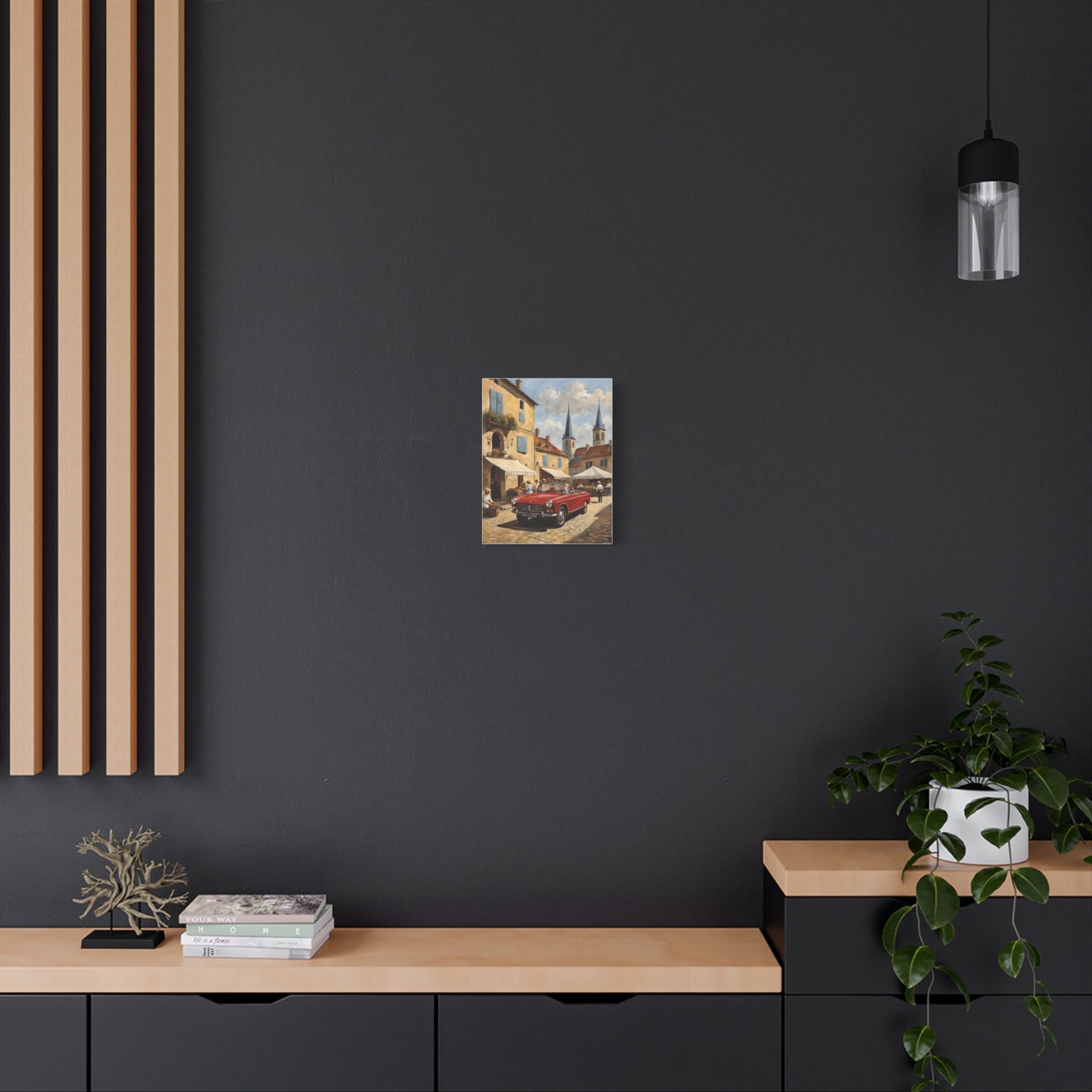 Old Car Canvas Print displayed on a modern wall shelf with decor and greenery
