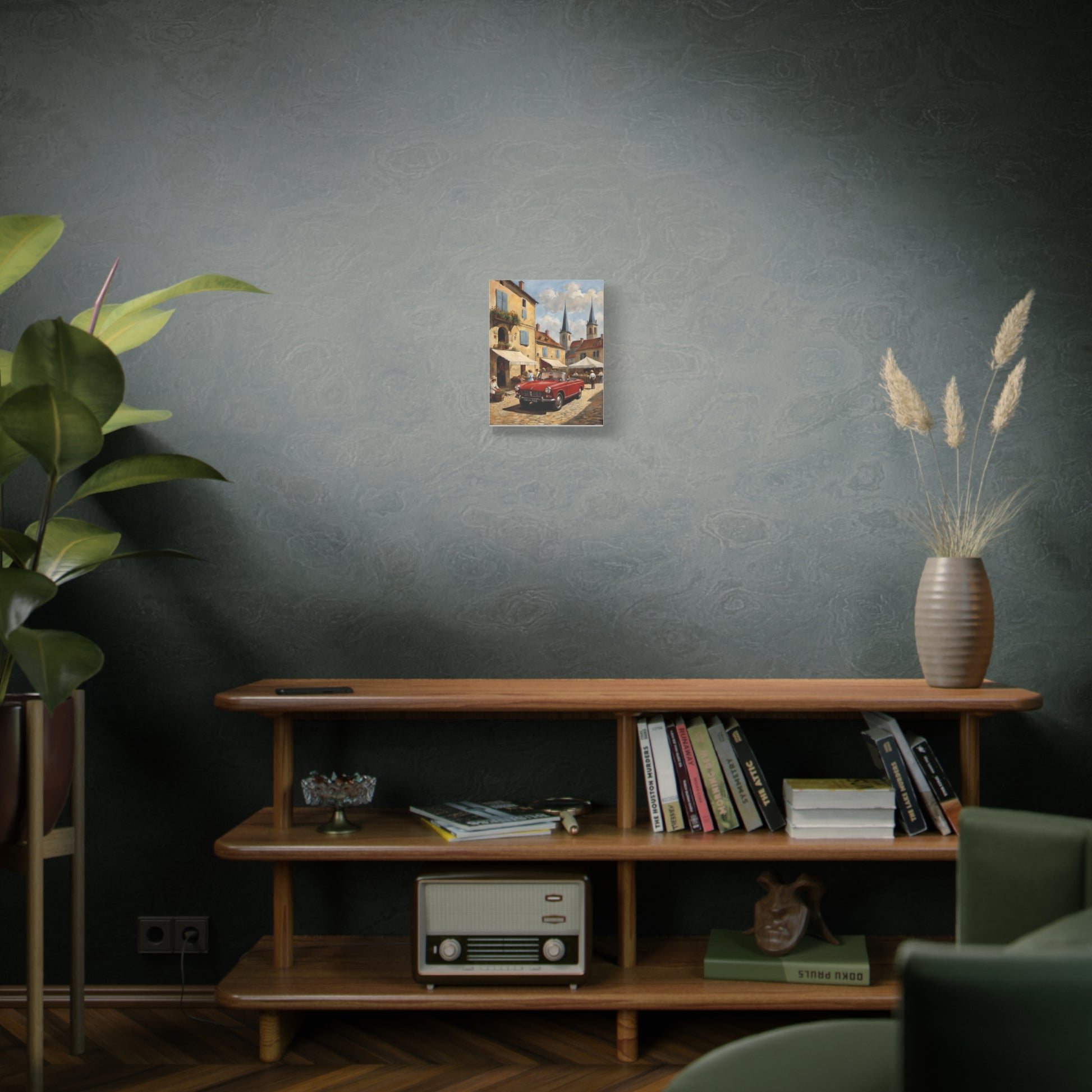 Old Car Canvas Print displayed on a stylish shelf in a modern living room setting