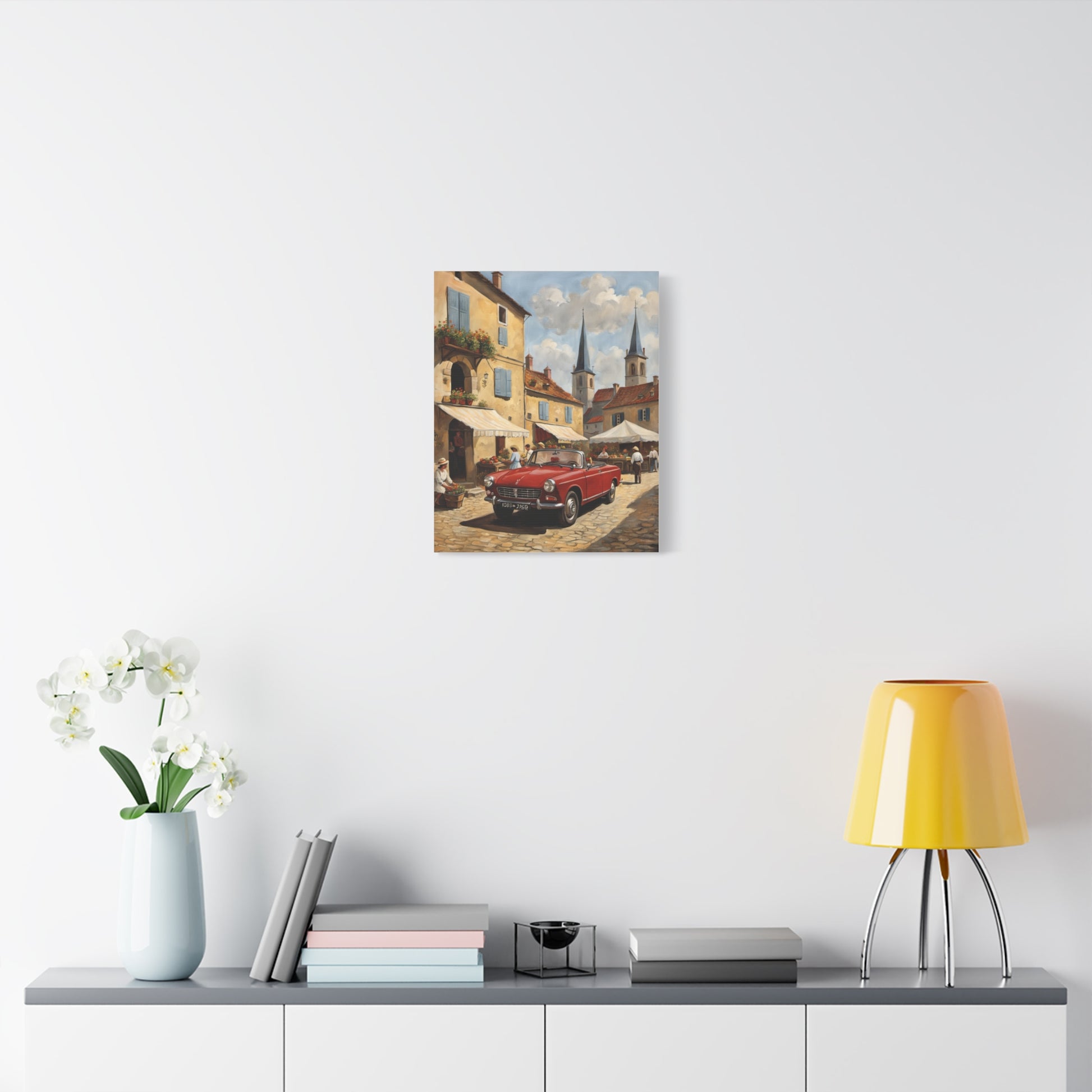 Old Car Canvas Print featuring a vintage red car on a charming street in a picturesque town