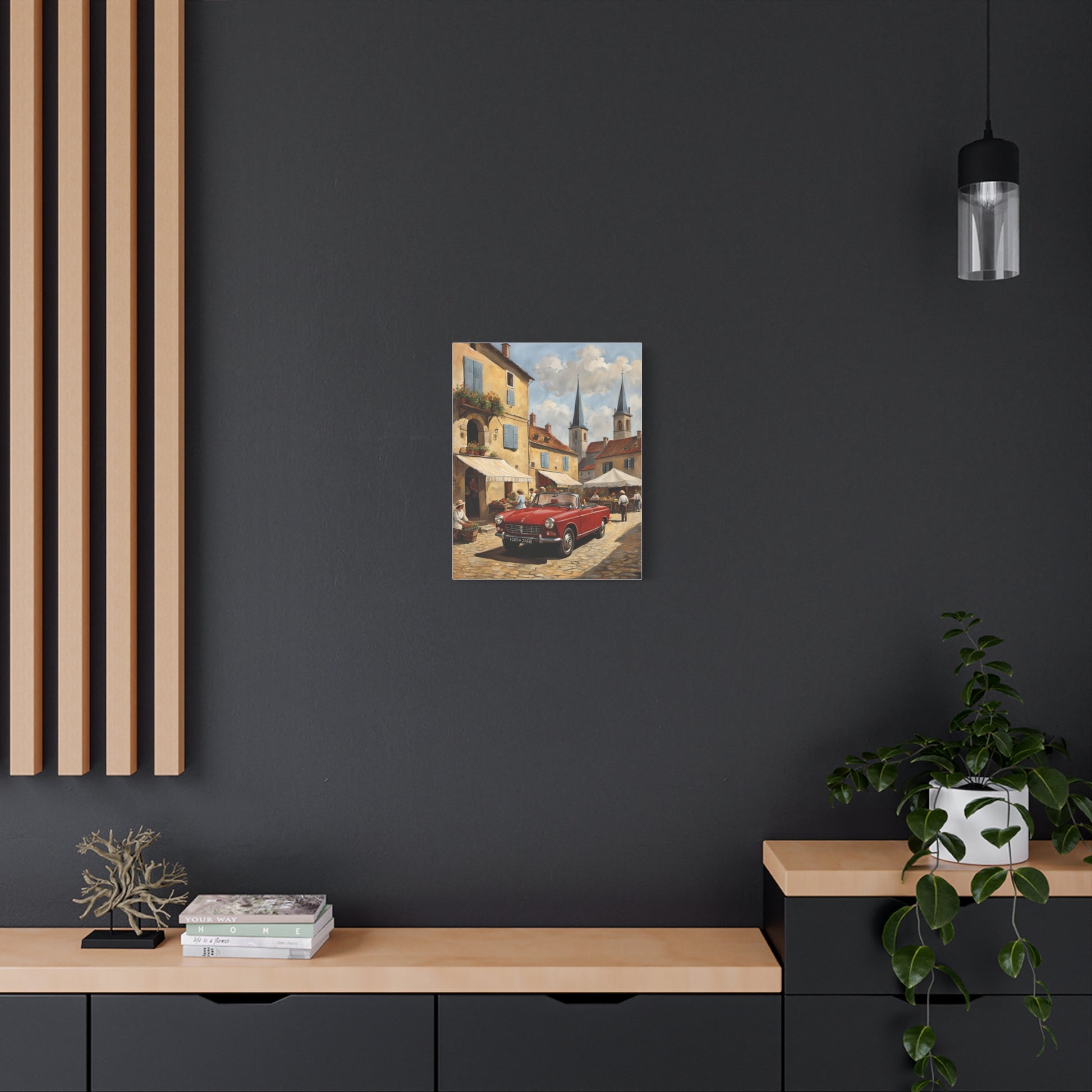 Old Car Canvas Print featuring a vintage red car in a charming street setting