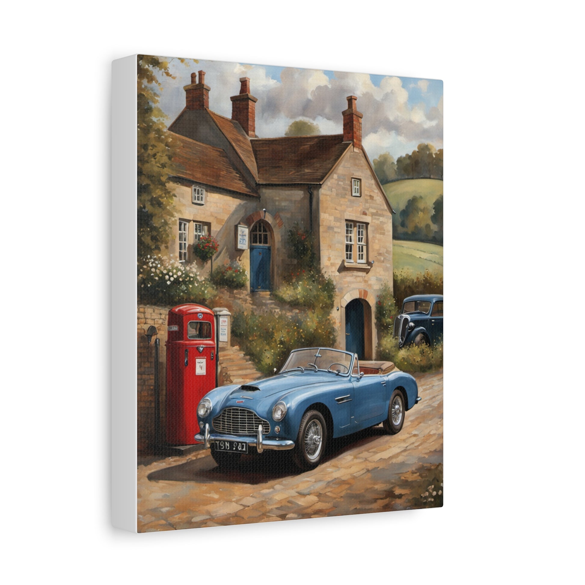 Old Car Canvas Print featuring a vintage blue convertible parked near a quaint cottage and vintage gas pump