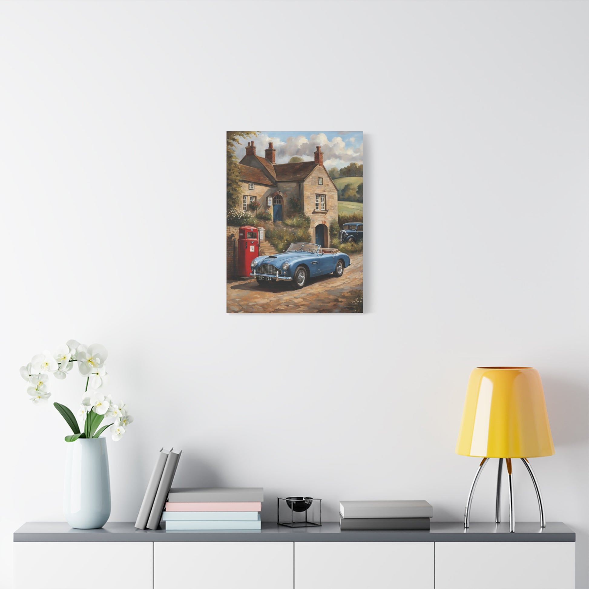 Vintage scene featuring an Old Car Canvas Print displayed on a modern wall with stylish decor