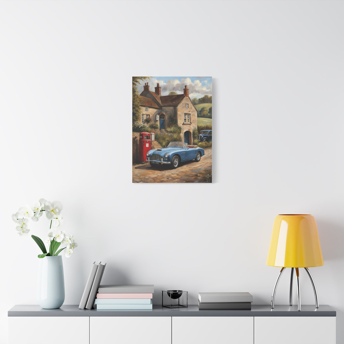 Vintage scene featuring an Old Car Canvas Print displayed on a modern wall with stylish decor
