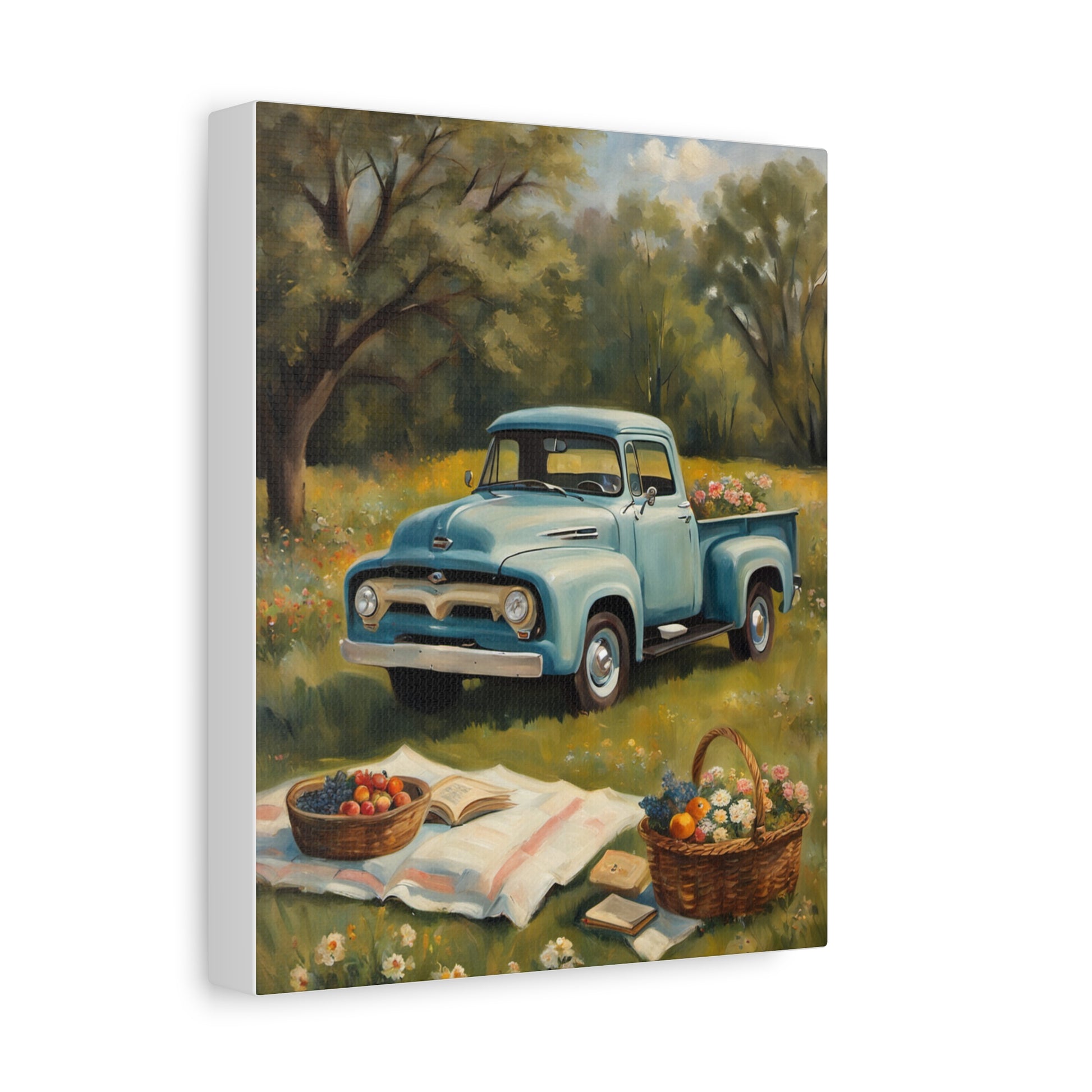 Old Truck Canvas Art Print featuring a retro blue truck in a scenic picnic setting