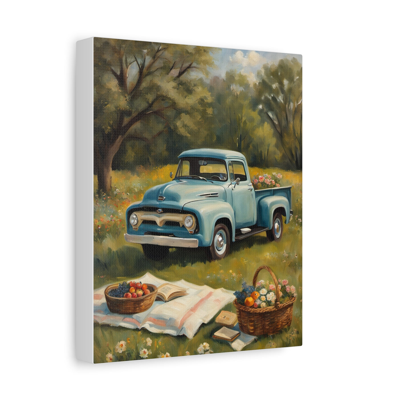 Old Truck Canvas Art Print featuring a retro blue truck in a scenic picnic setting