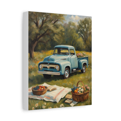 Old Truck Canvas Art Print featuring a retro blue truck in a scenic picnic setting