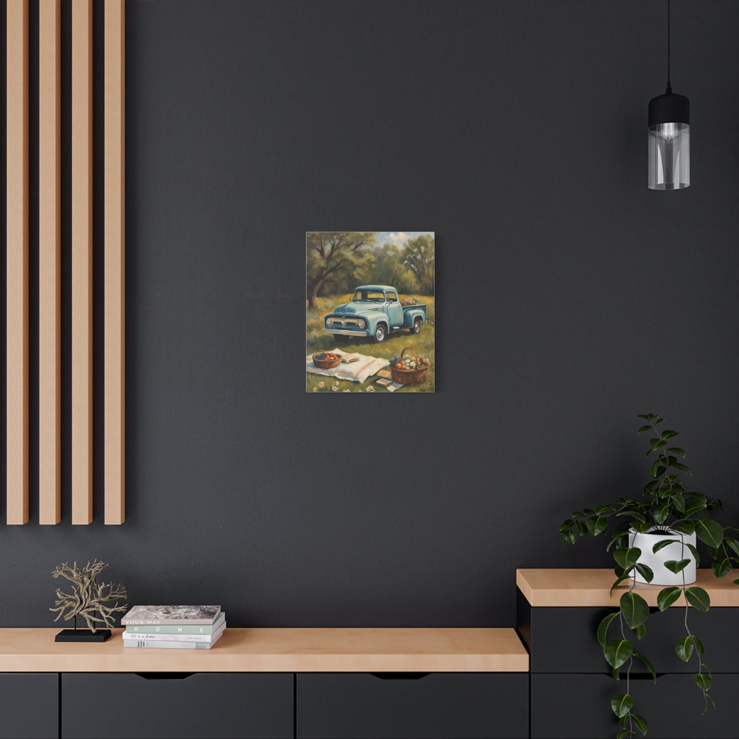 Old Truck Canvas Art Print featuring a vintage blue truck parked beside trees