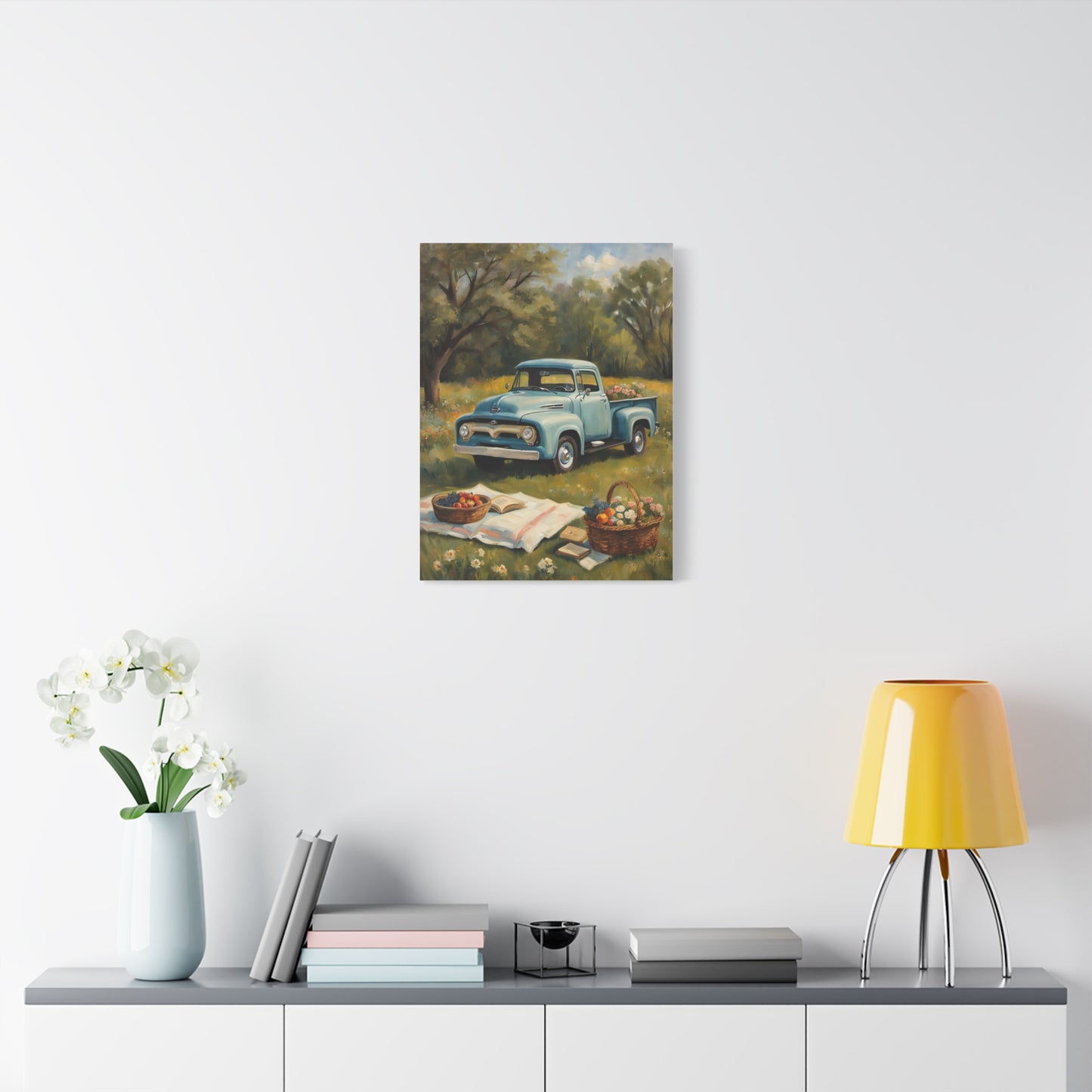 Old Truck Canvas Art Print featuring a vintage blue truck in a scenic outdoor setting