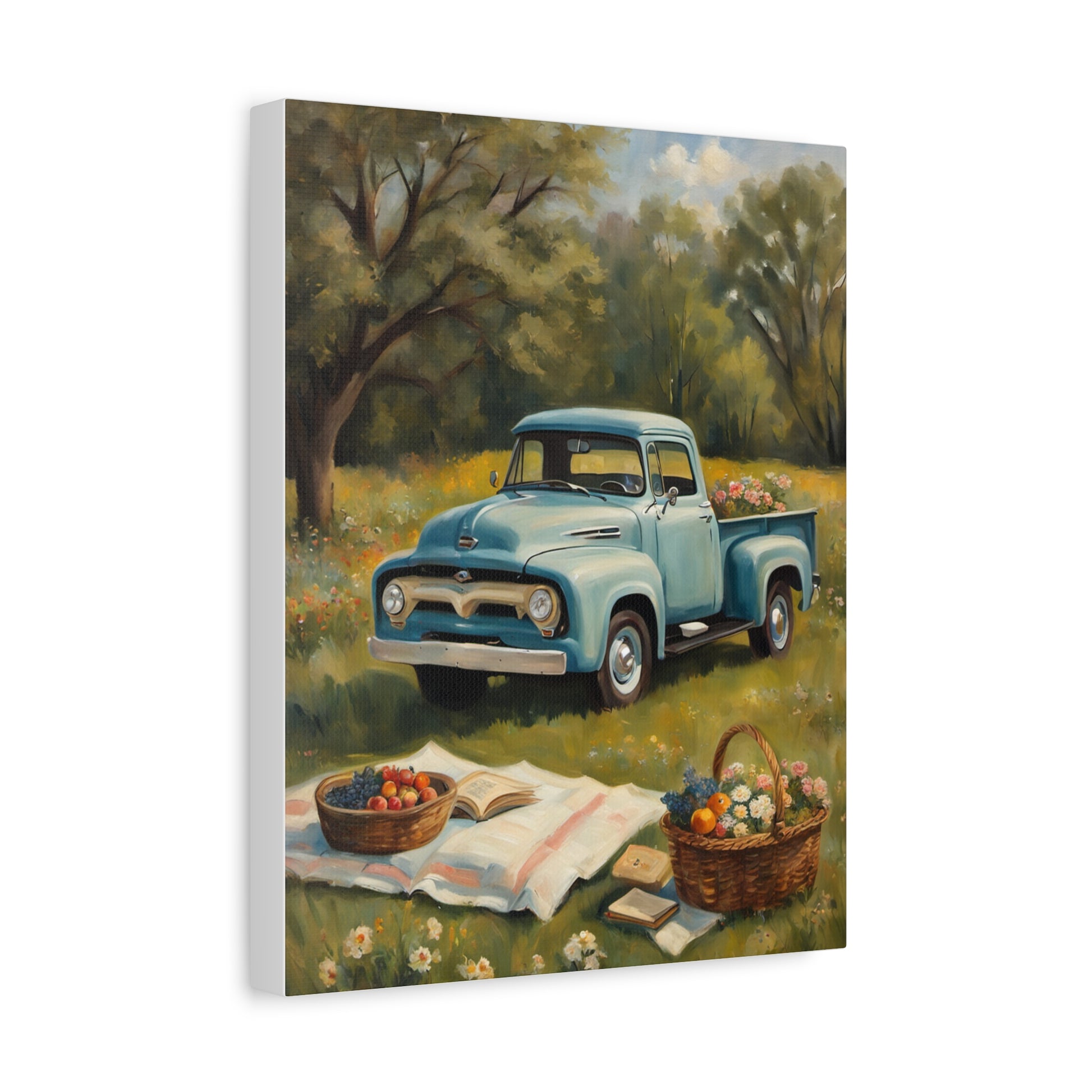 Old Truck Canvas Art Print featuring a vintage blue truck in a scenic field with picnic baskets and flowers