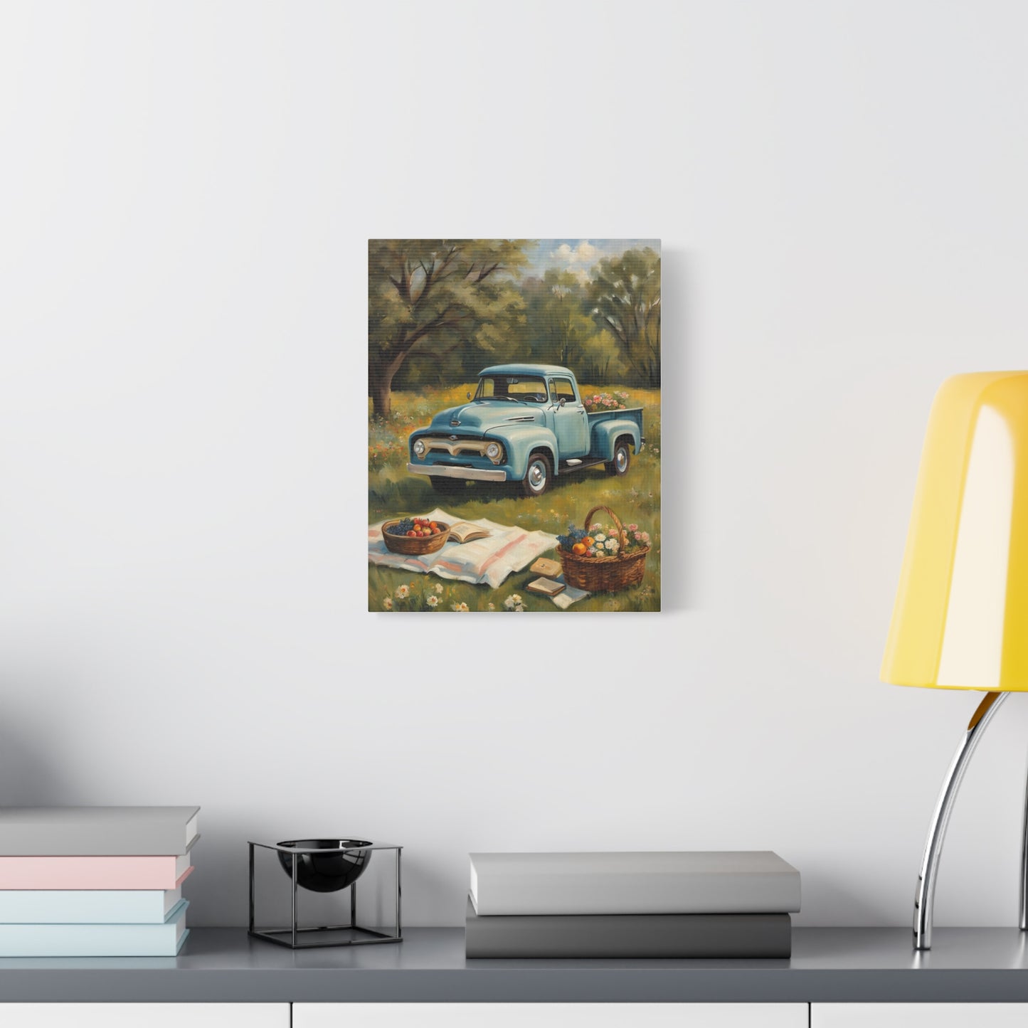 Old Truck Canvas Art Print featuring a vintage blue truck in a serene outdoor setting