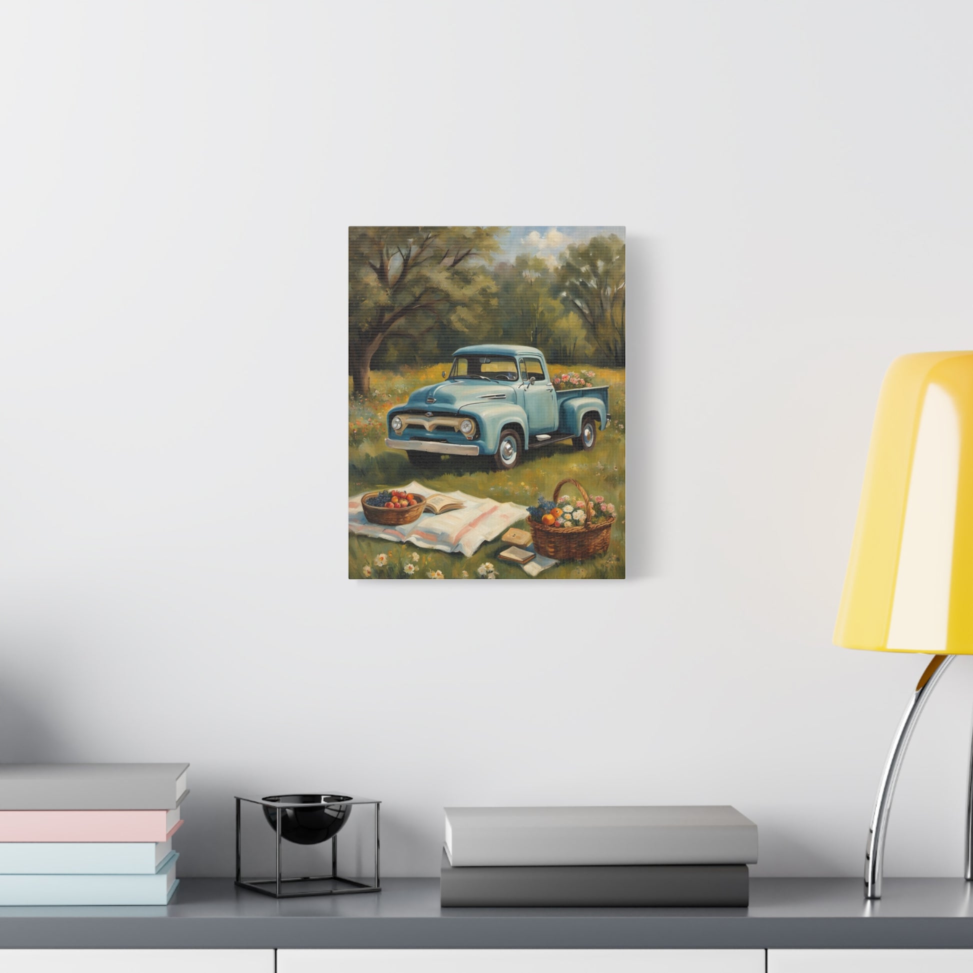 Old Truck Canvas Art Print featuring a vintage blue truck in a serene outdoor setting